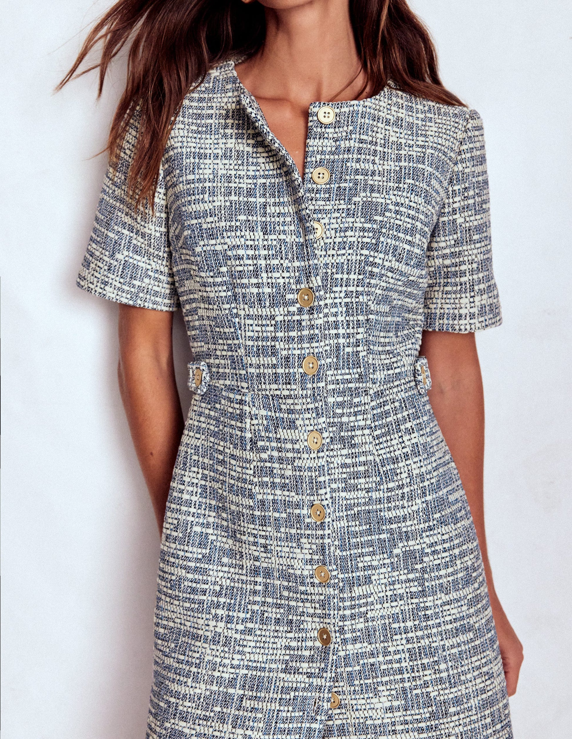 Textured Tab Short Dress-Blue and White Texture-2