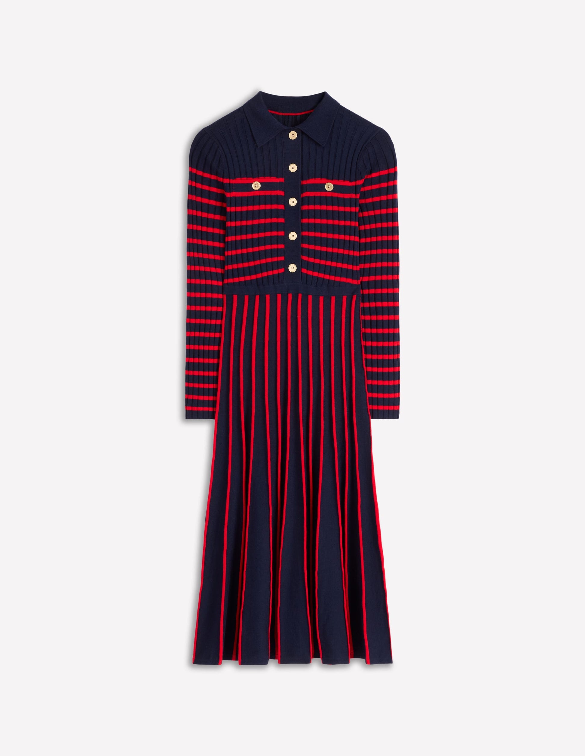Brönte Knitted Rib Shirt Dress-Navy and Red Stripe-7