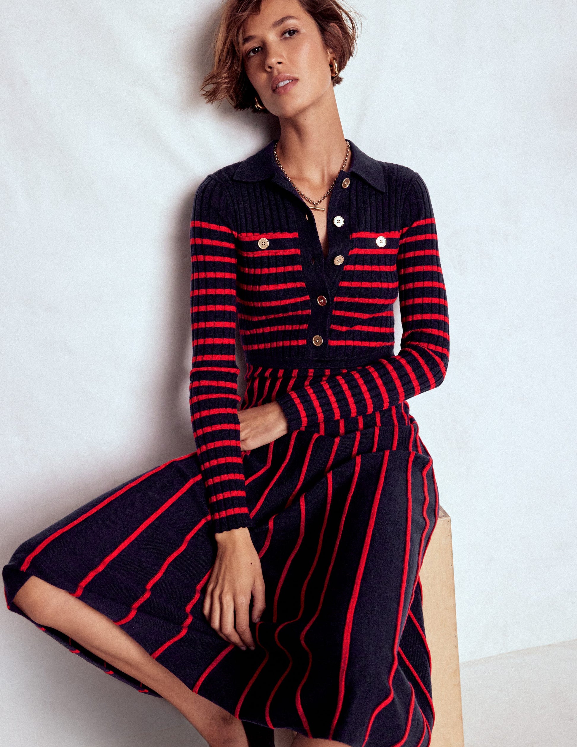 red and blue striped dress MAXI The vintage Brnte Knitted Rib Shirt Dress-Navy