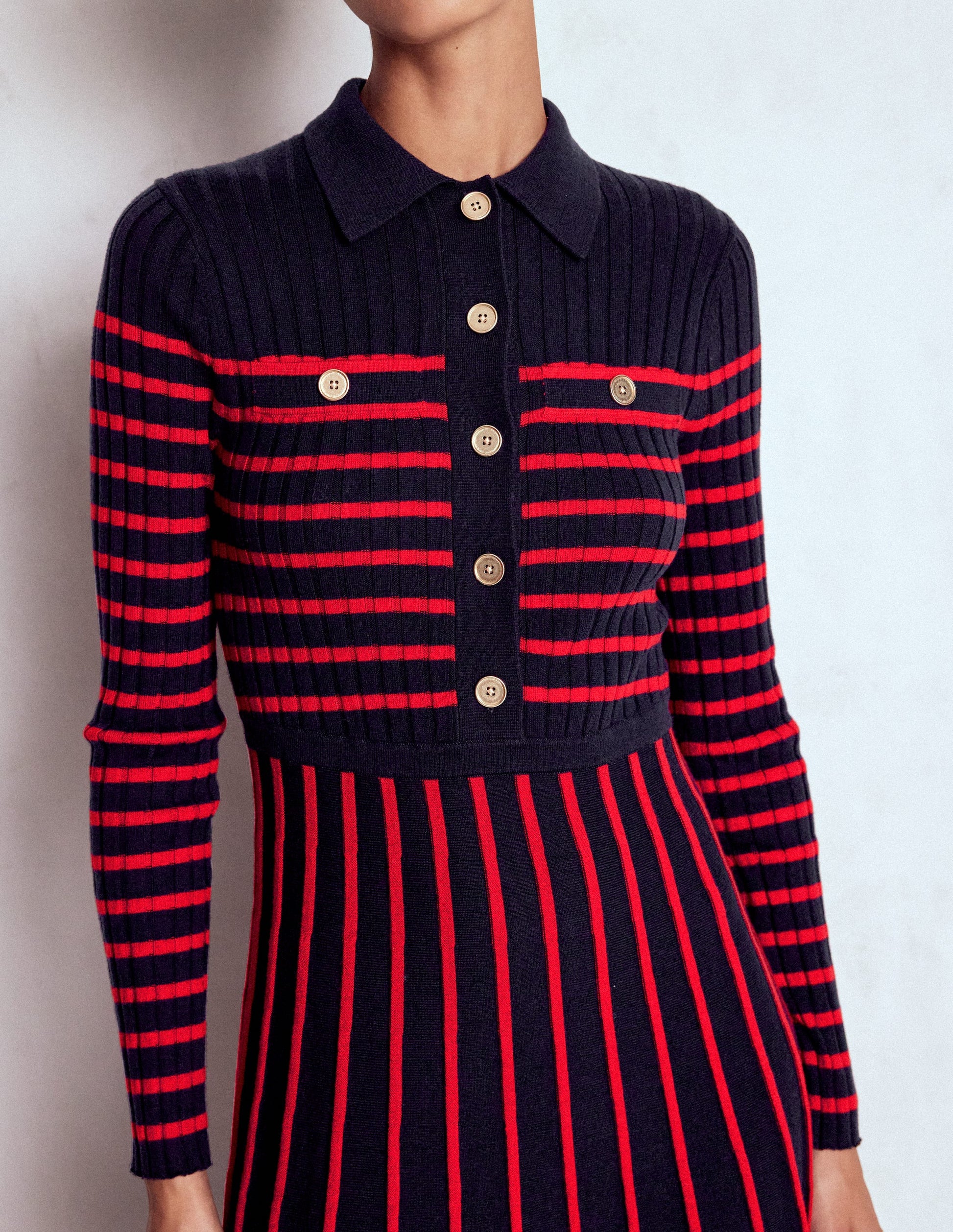 Brönte Knitted Rib Shirt Dress-Navy and Red Stripe-2