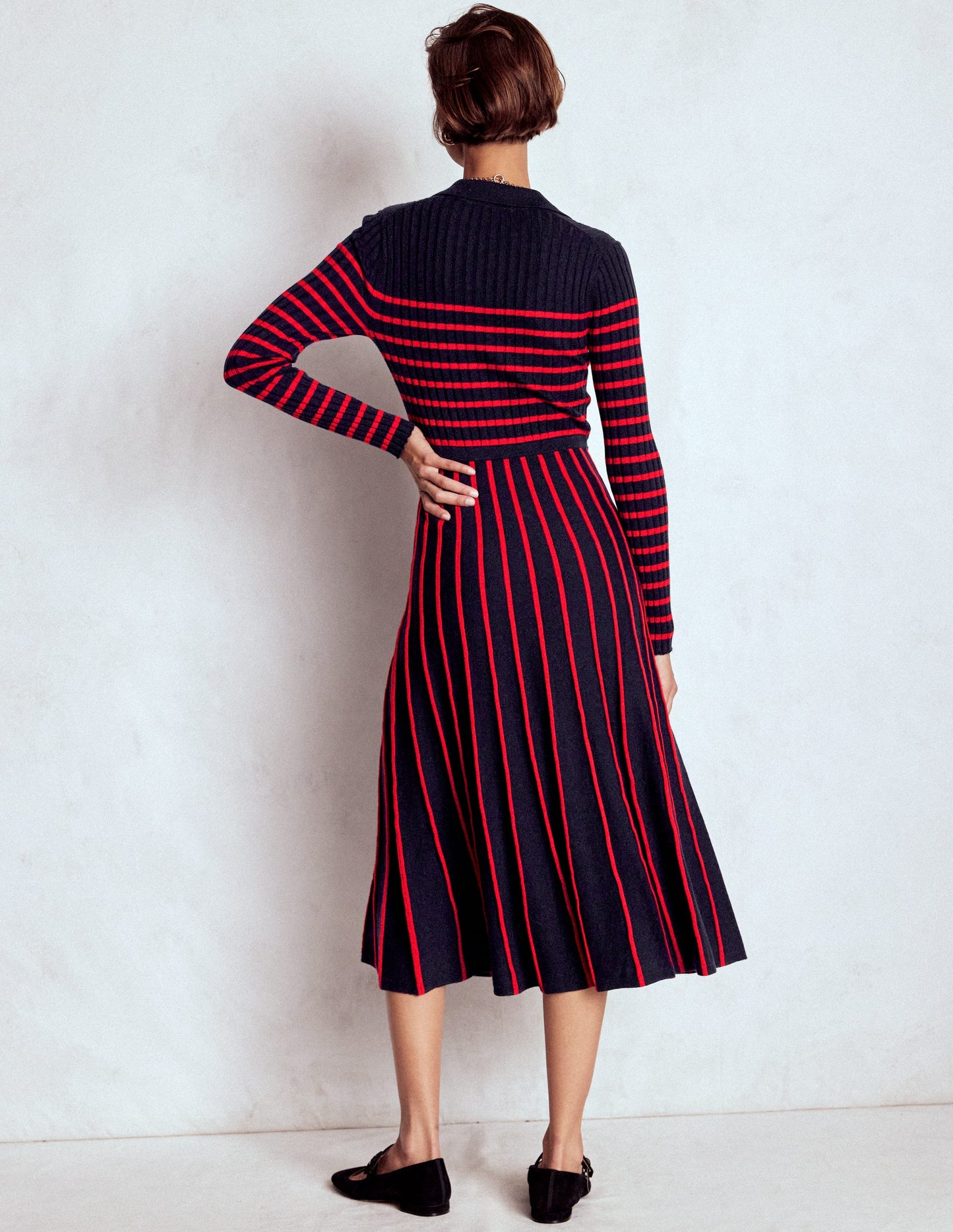 Brönte Knitted Rib Shirt Dress-Navy and Red Stripe
