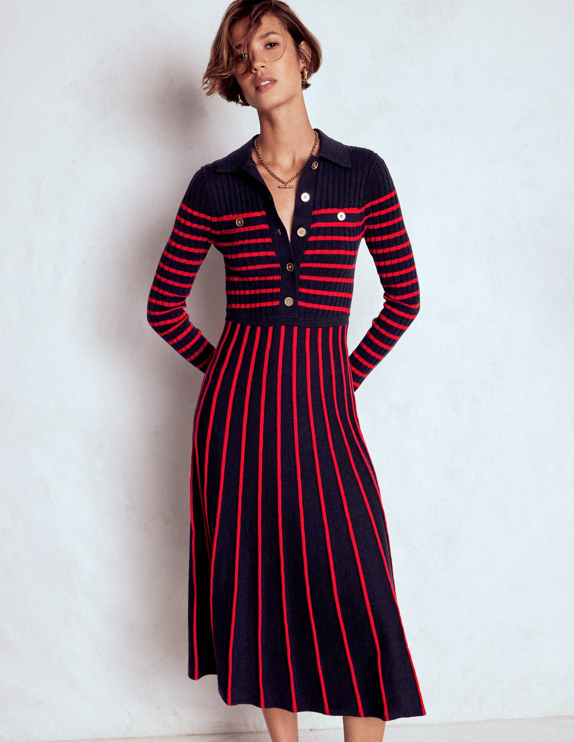 Brönte Knitted Rib Shirt Dress-Navy and Red Stripe-4