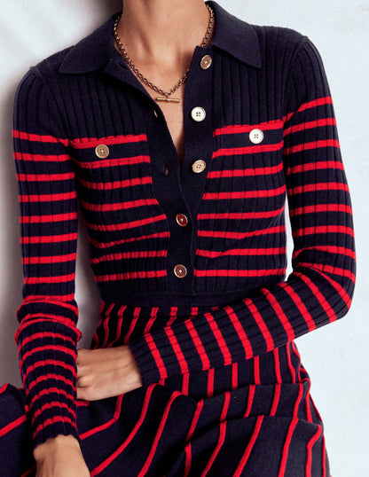 Brönte Knitted Rib Shirt Dress-Navy and Red Stripe-5