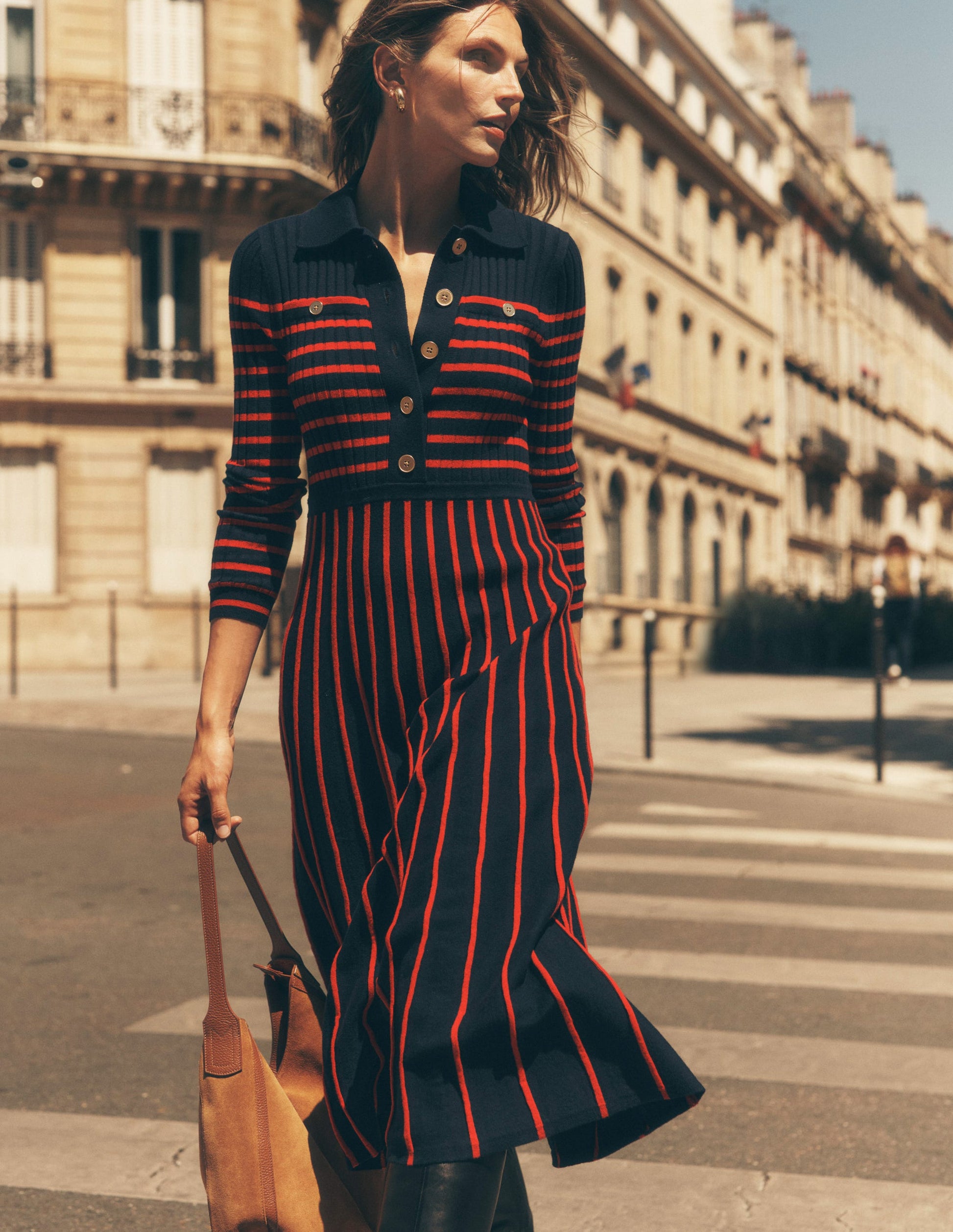 Brönte Knitted Rib Shirt Dress-Navy and Red Stripe Boden USA