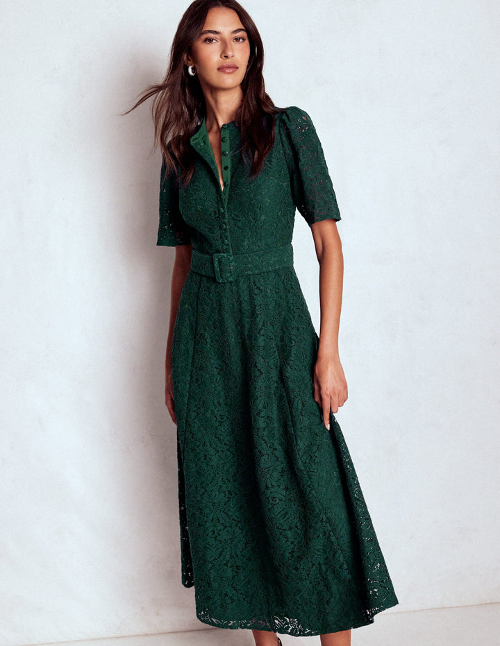Kate Puff Sleeve Lace Dress-Dark Green