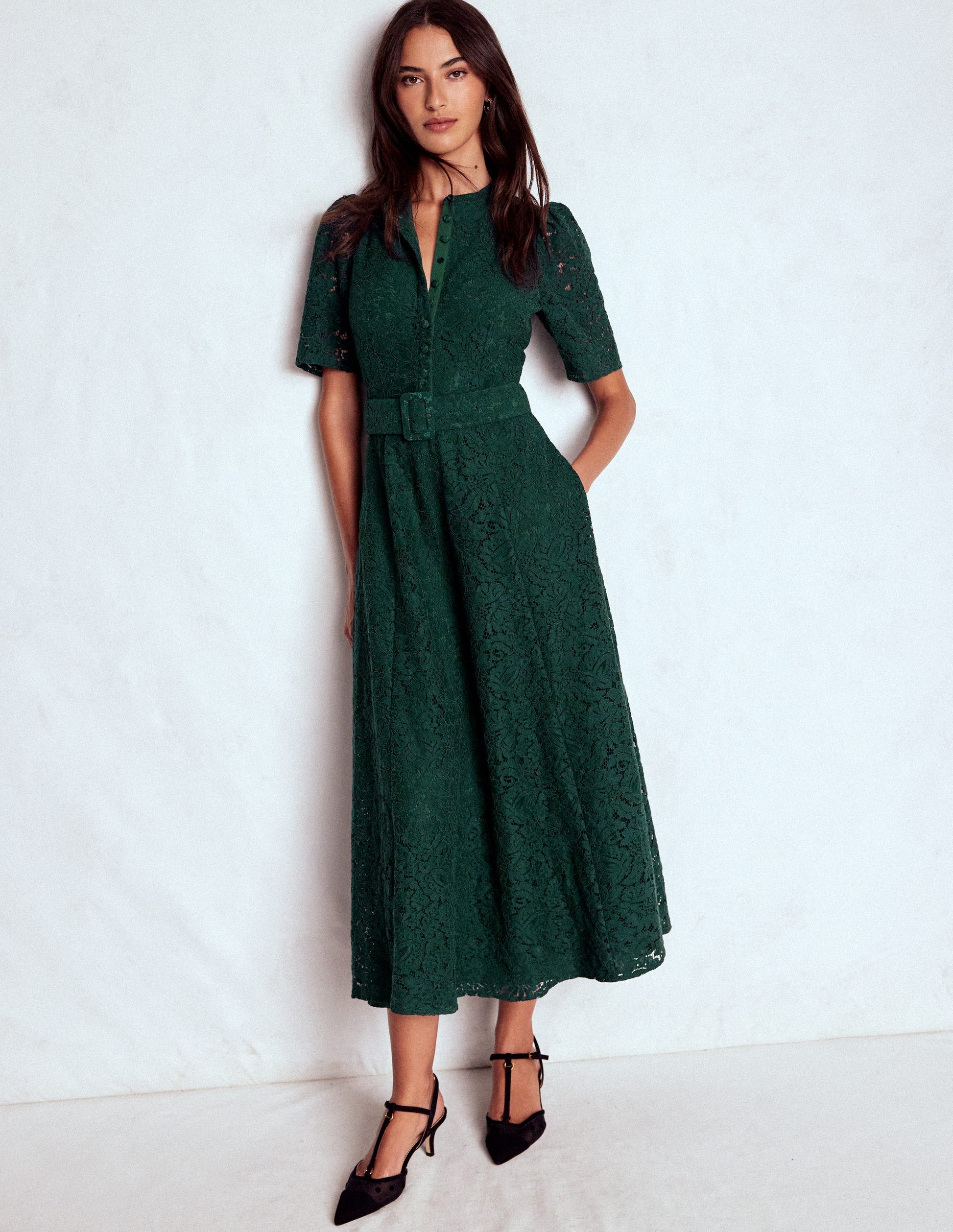 Kate Puff Sleeve Lace Dress-Dark Green | Boden USA Kate Puff Sleeve Lace Dress-Dark Green | Boden USA