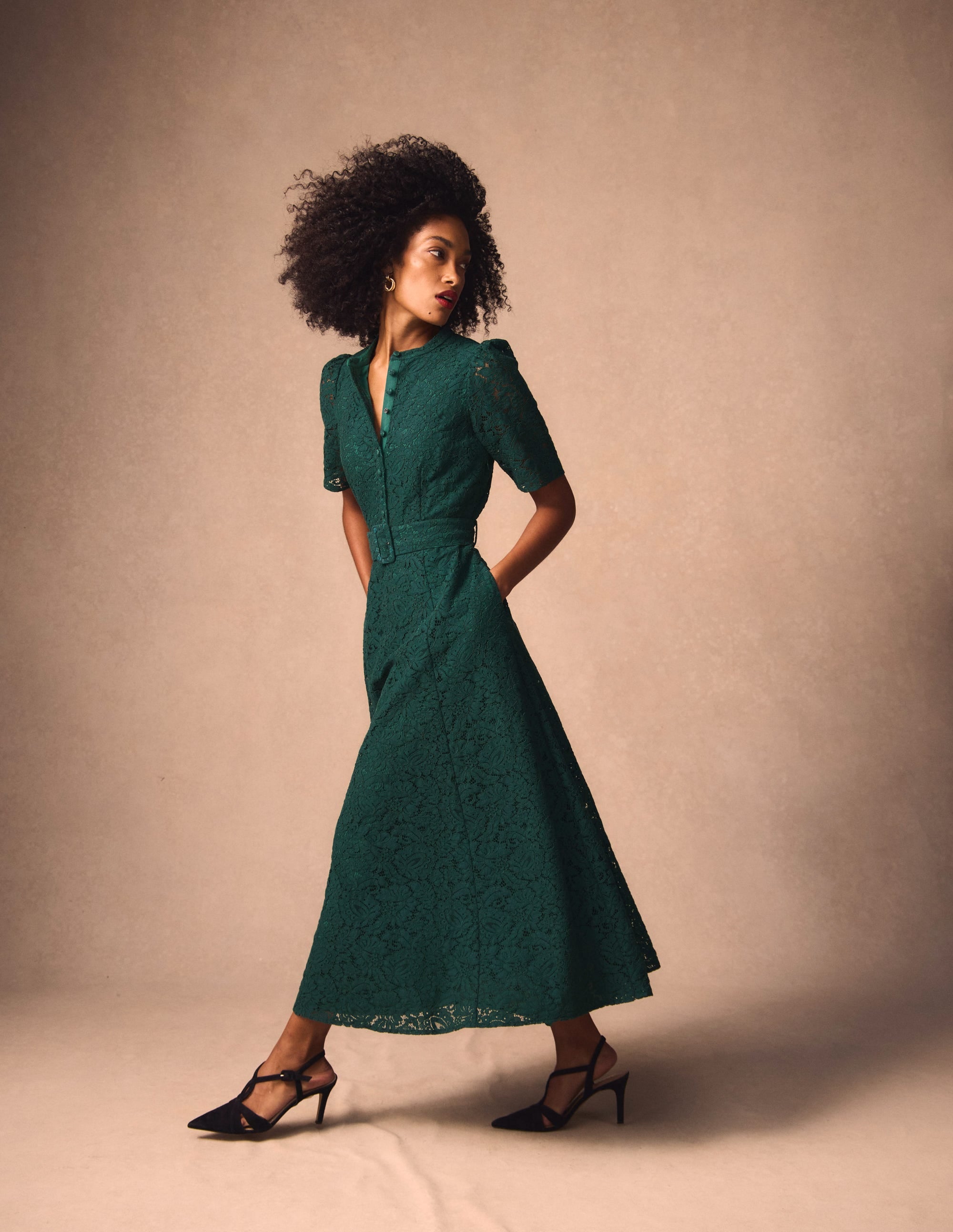 Kate Puff Sleeve Lace Dress-Dark Green | Boden USA