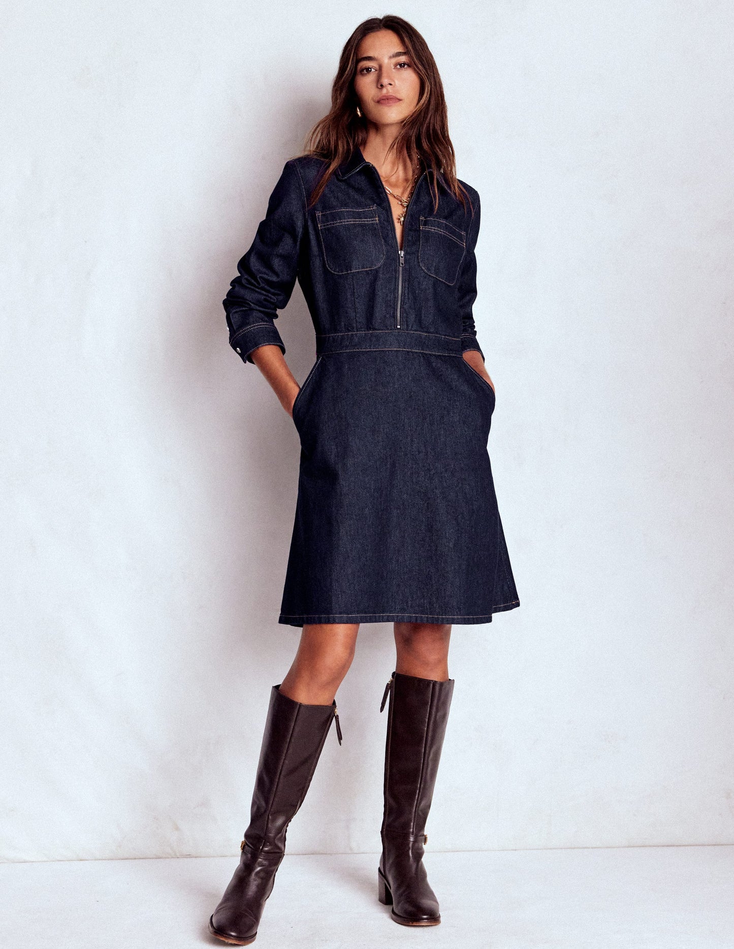 Flippy Denim Short Dress-Indigo Denim