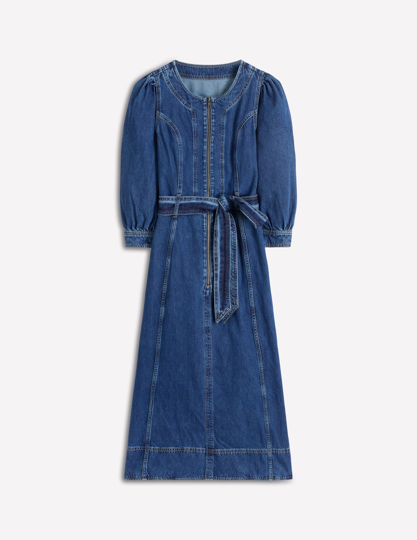 Zip Puff Sleeve Denim Dress-Dark Wash