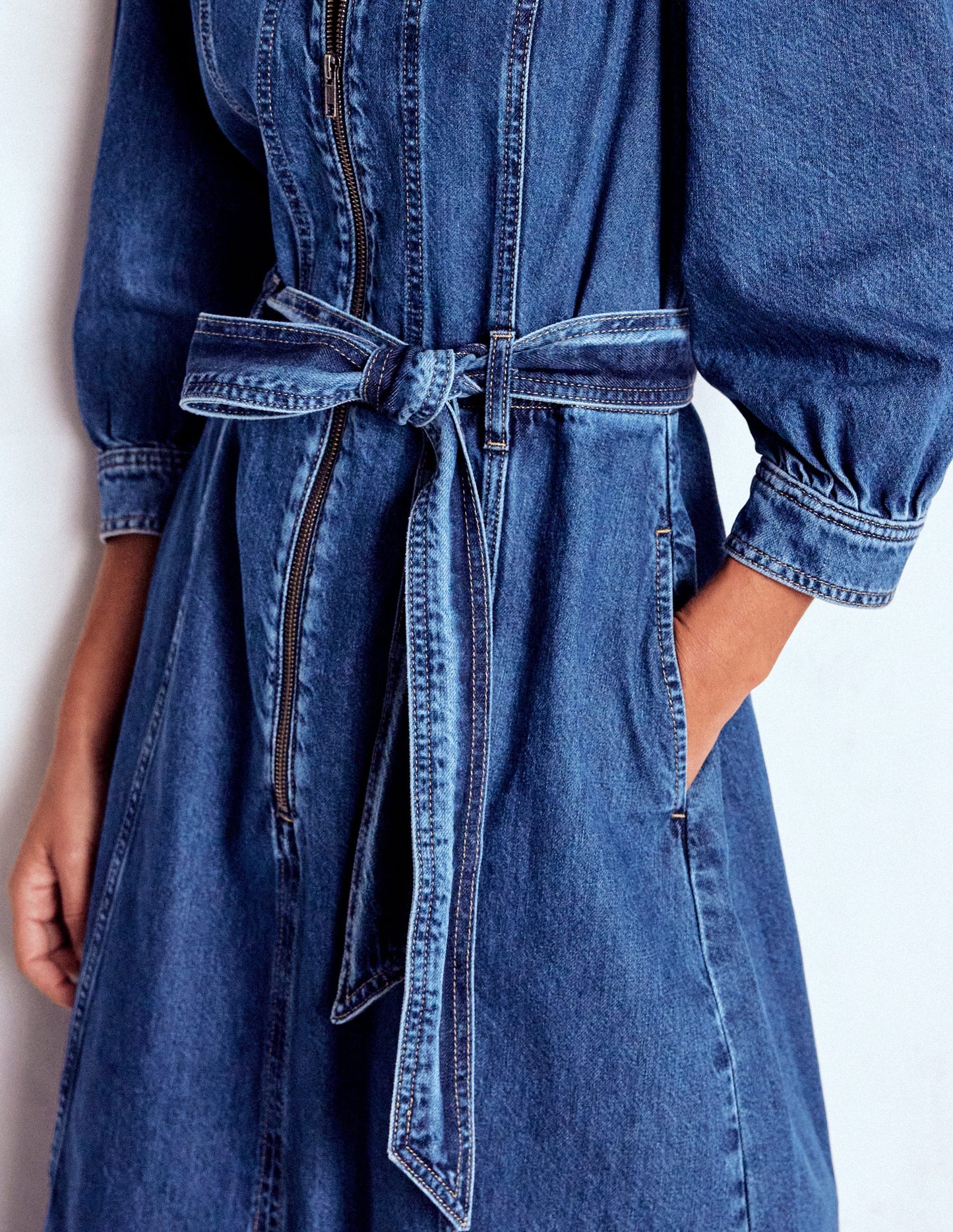Zip Puff Sleeve Denim Dress-Dark Wash