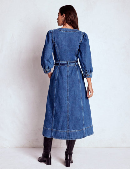 Zip Puff Sleeve Denim Dress-Dark Wash-3