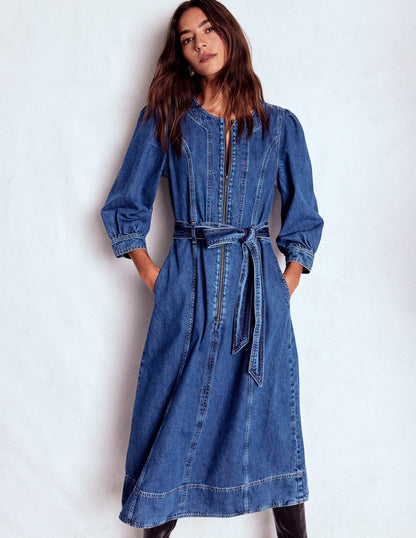Zip Puff Sleeve Denim Dress-Dark Wash-4