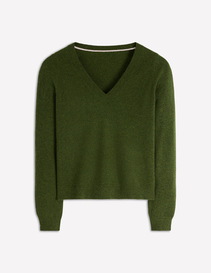 Eva Cashmere V-Neck Sweater-Leaf Green Melange-4