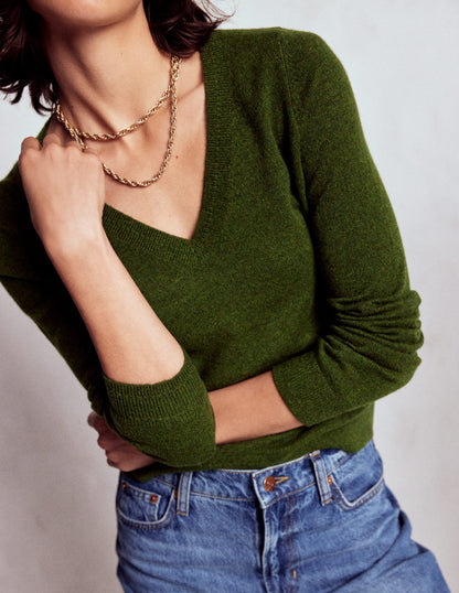 Eva Cashmere V-Neck Sweater-Leaf Green Melange-2