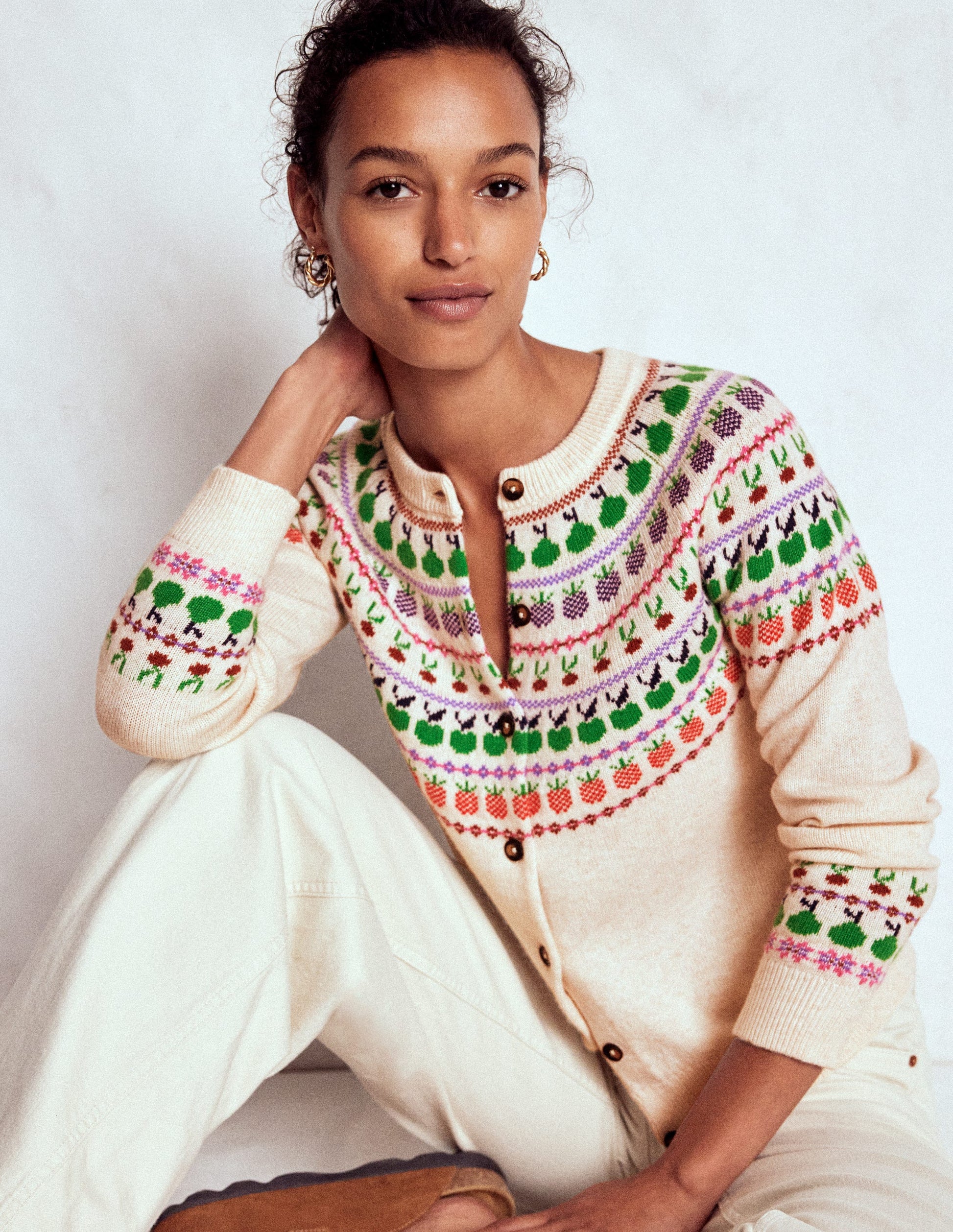 Edie Fair Isle Cardigan-Ecru Marl, Fruit-1