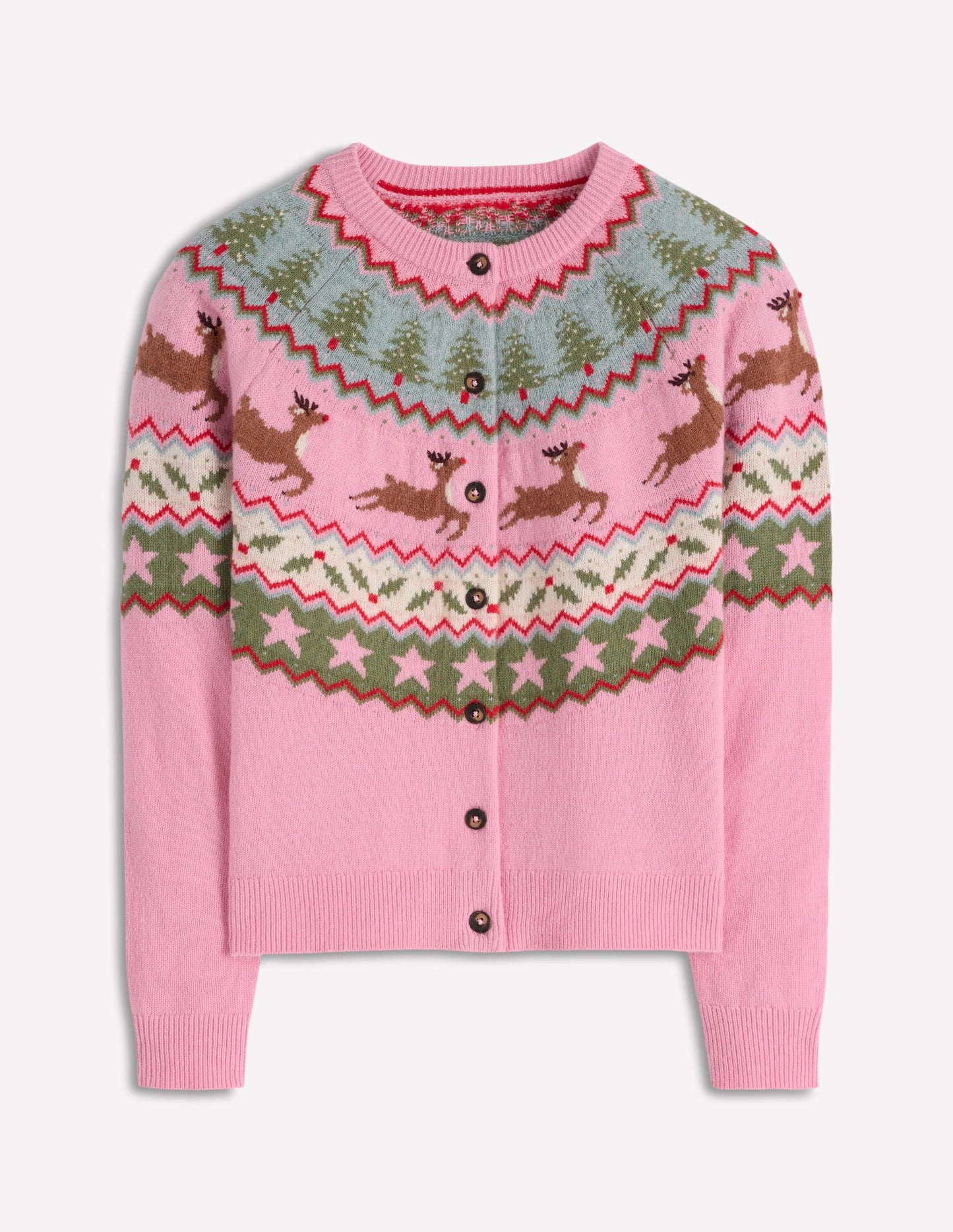 Edie Fair Isle Cardigan-Pink, Reindeer