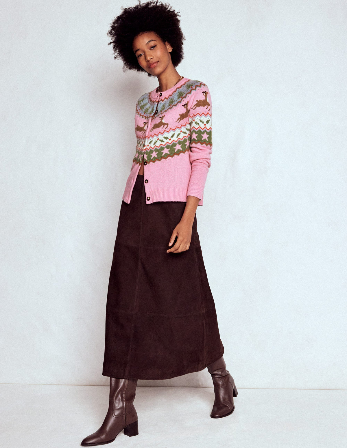Edie Fair Isle Cardigan-Pink, Reindeer - Image 2