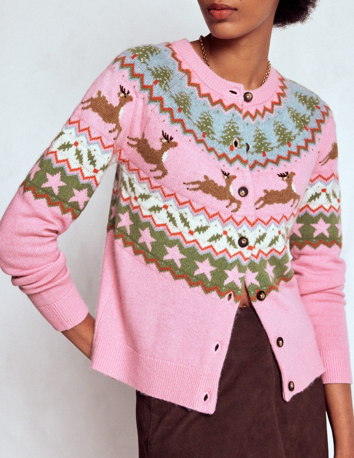 Edie Fair Isle Cardigan-Pink, Reindeer - Image 3