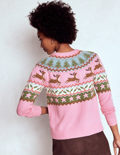 Edie Fair Isle Cardigan-Pink, Reindeer-4