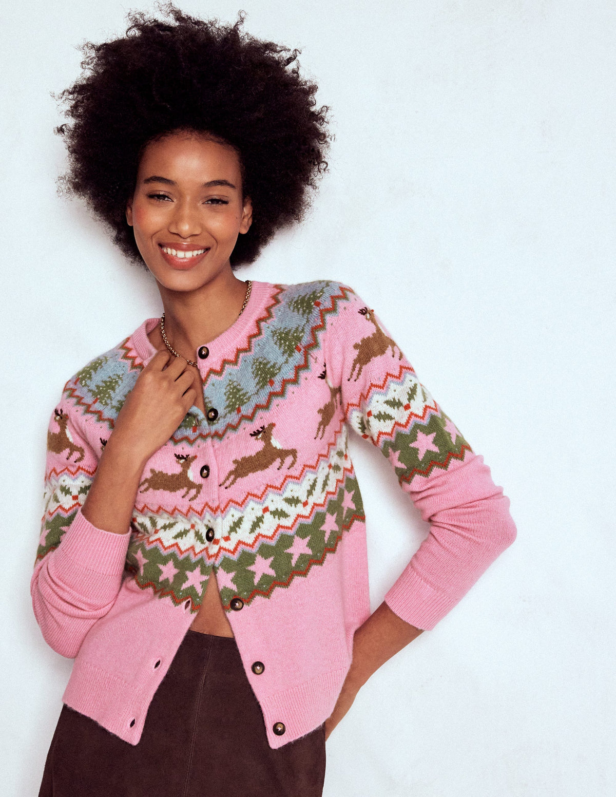 Edie Fair Isle Cardigan-Pink, Reindeer - Image 1