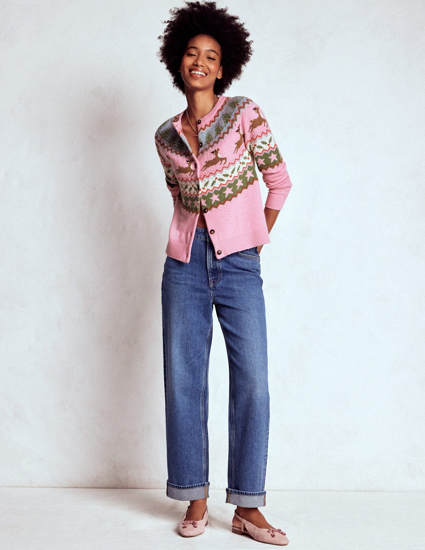 Edie Fair Isle Cardigan-Pink, Reindeer