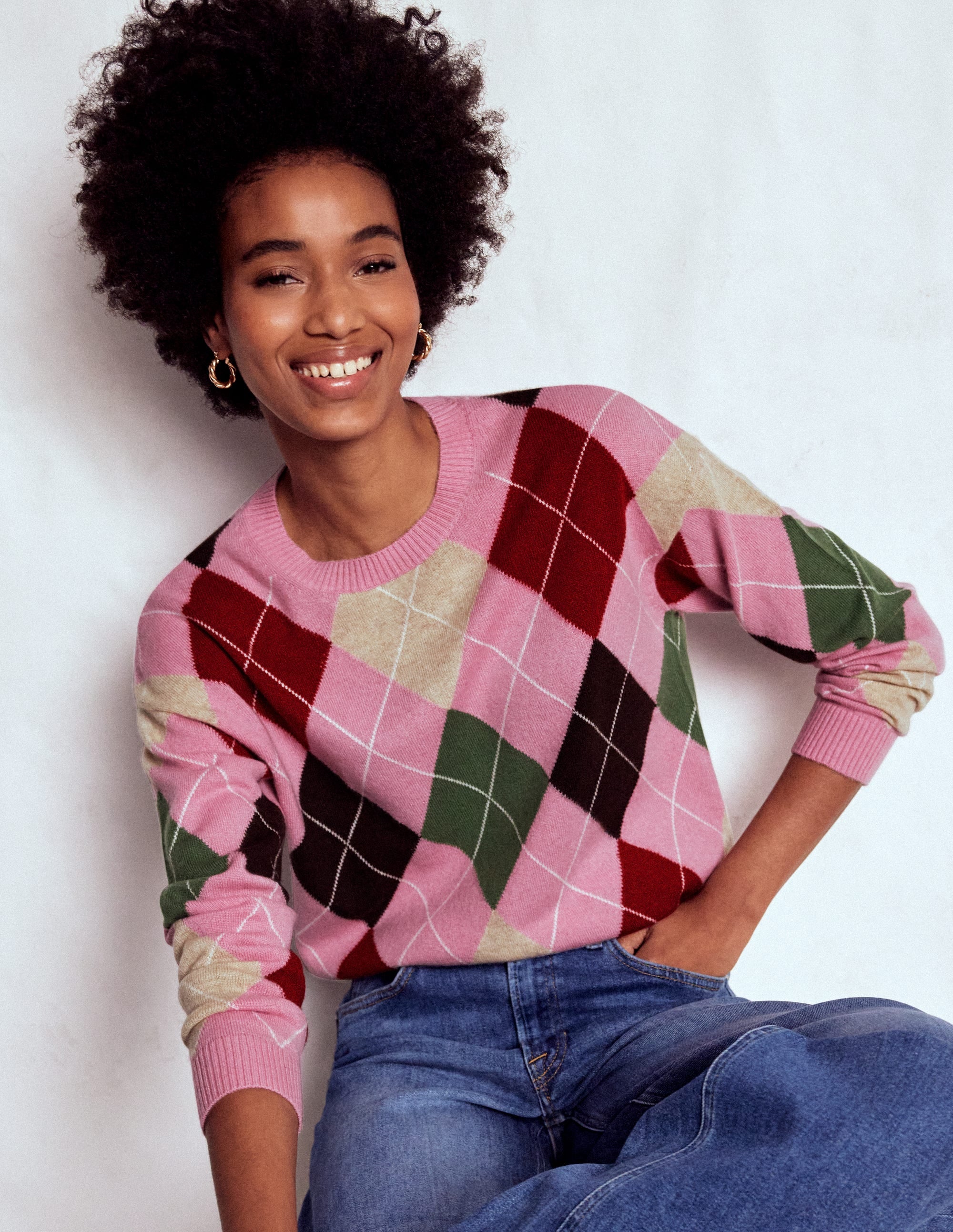 Lydia Cashmere Jumper-Pink, Brown and Green Argyle | Boden USA