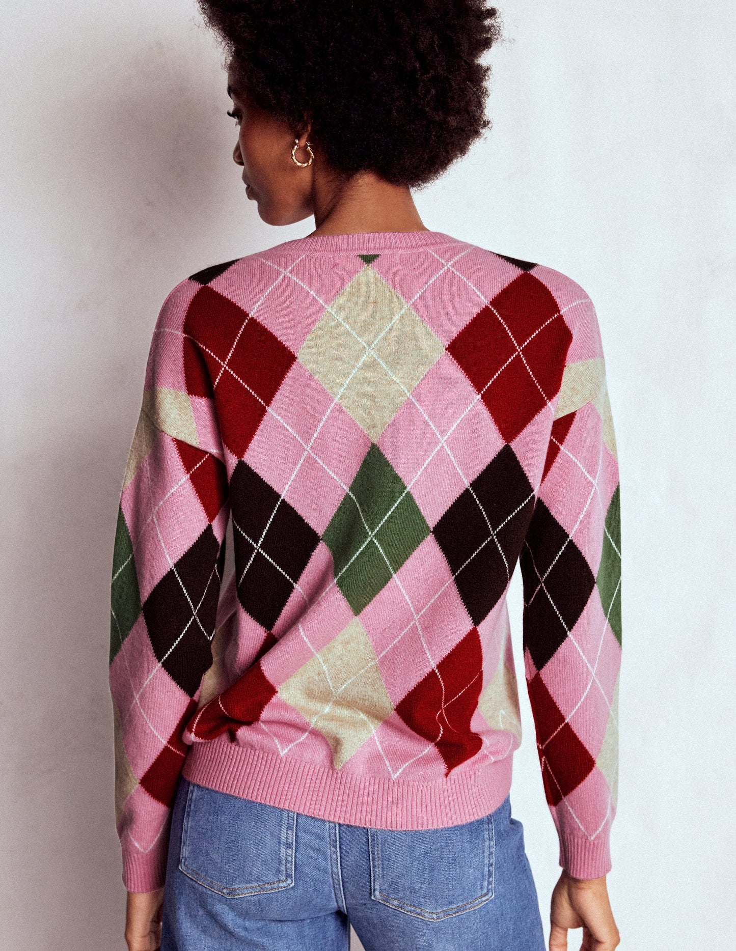 Lydia Cashmere Jumper-Pink, Brown and Green Argyle