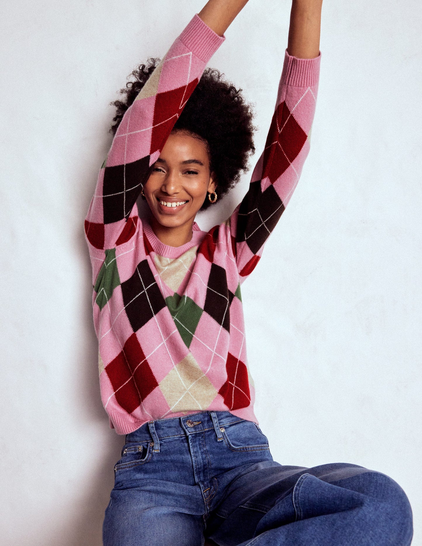 Lydia Cashmere Jumper-Pink, Brown and Green Argyle