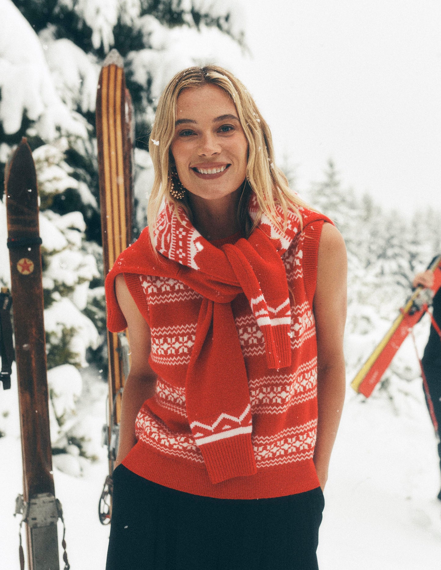 Edie Fair Isle Vest-Poppy Red, Warm Ivory