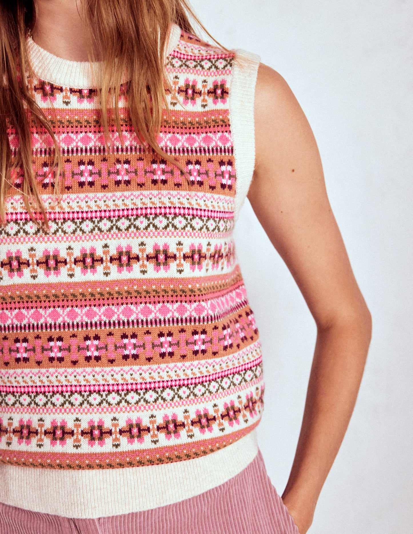 Edie Fair Isle Vest-Pink Heritage Fair Isle