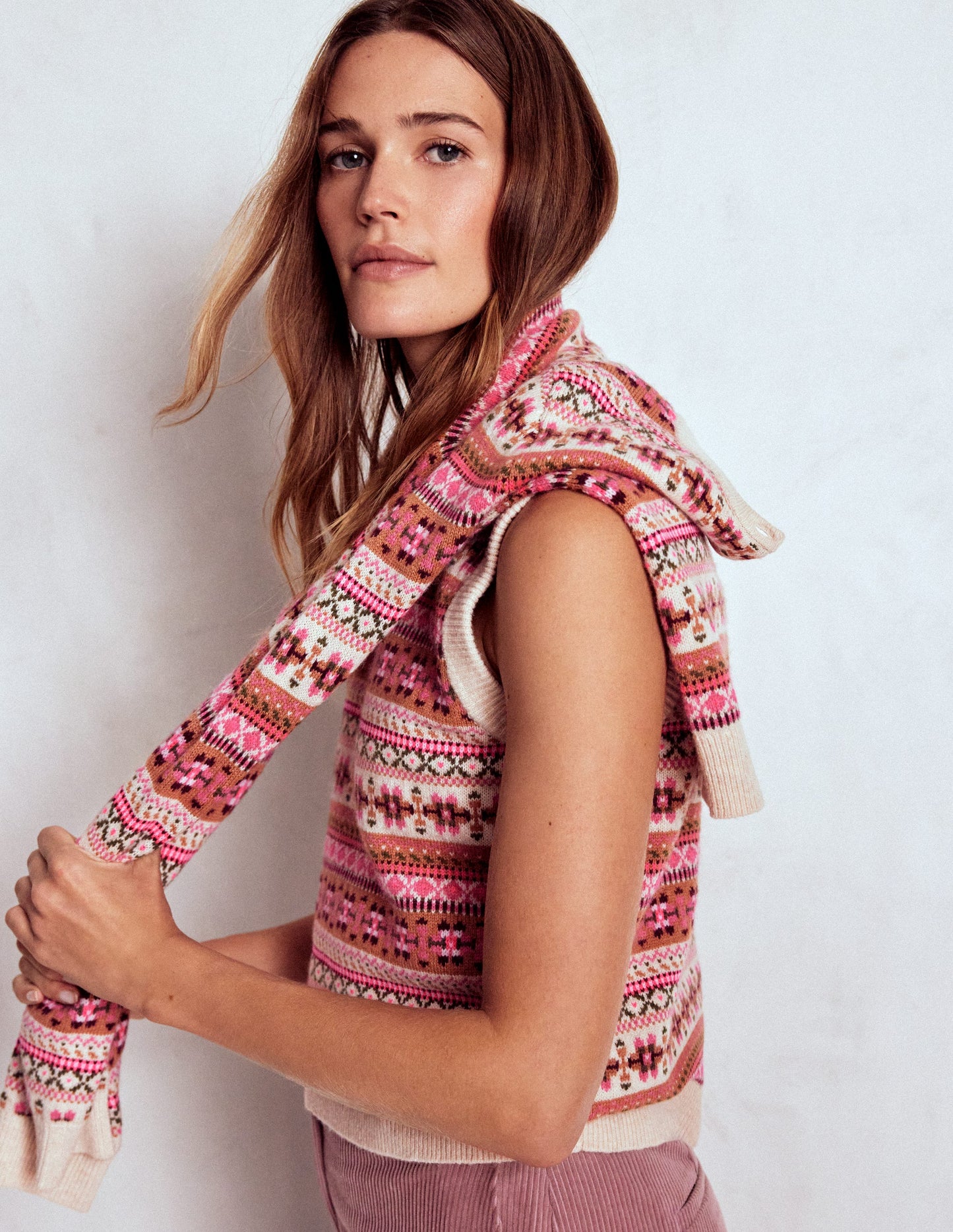 Edie Fair Isle Vest-Pink Heritage Fair Isle
