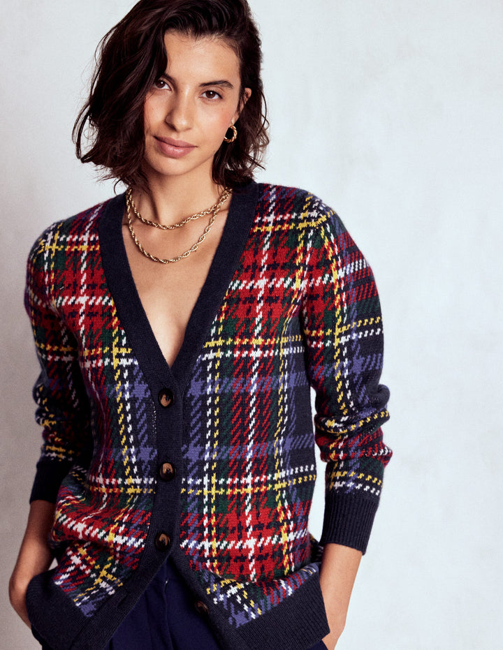 Quinn Boyfriend Cardigan-Navy, Green and Red Check