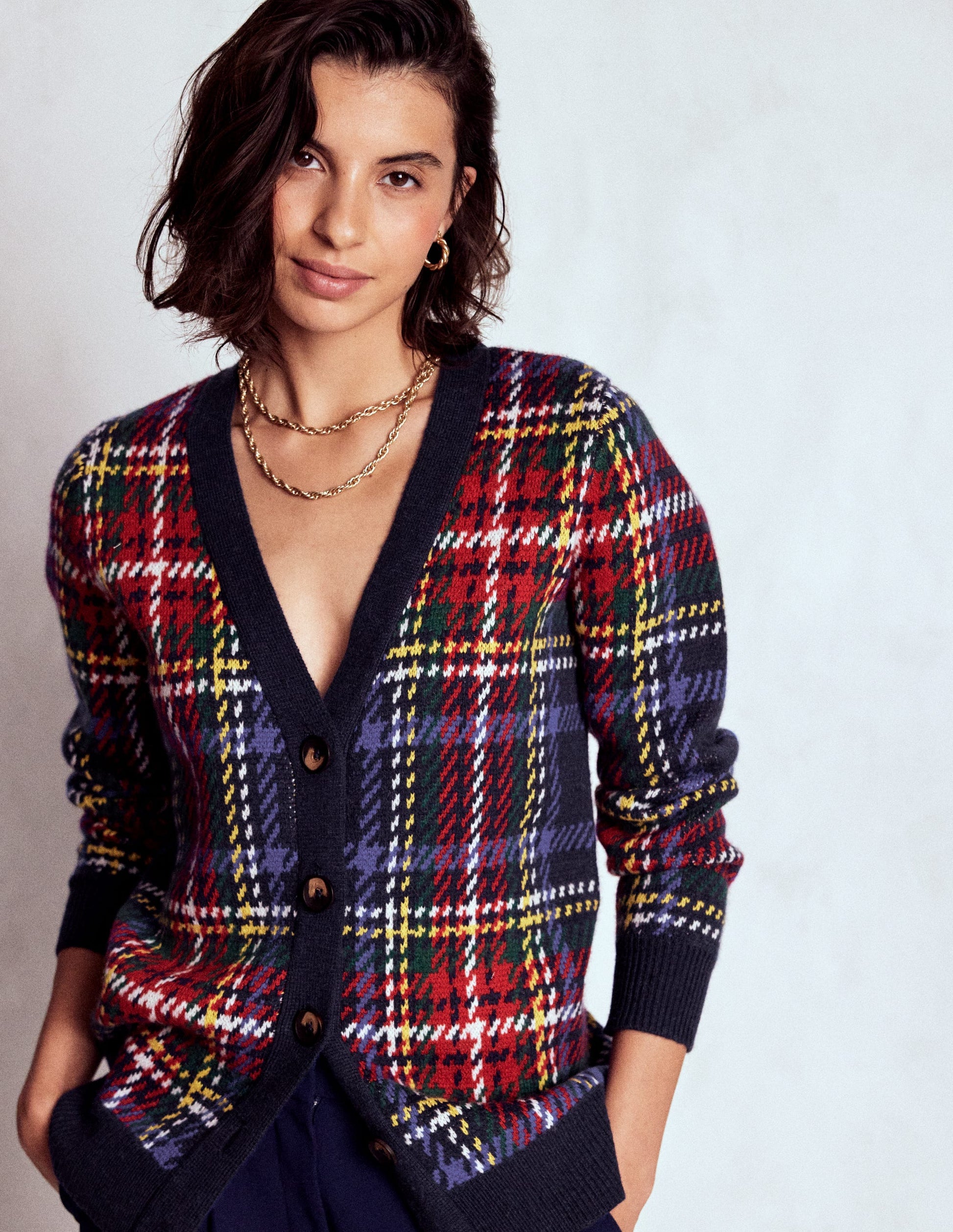 Quinn Boyfriend Cardigan-Navy, Green and Red Check-1