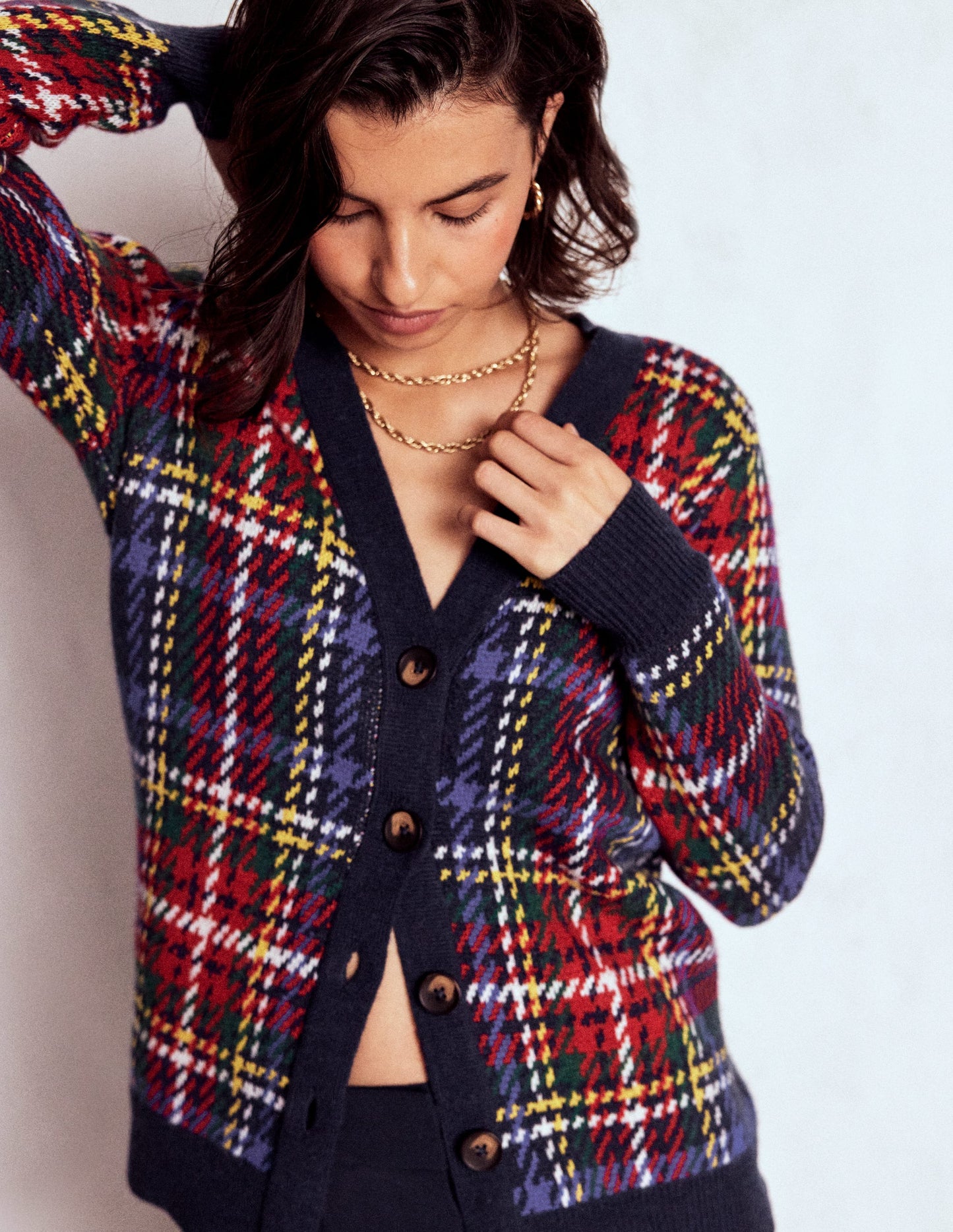 Quinn Boyfriend Cardigan-Navy, Green and Red Check