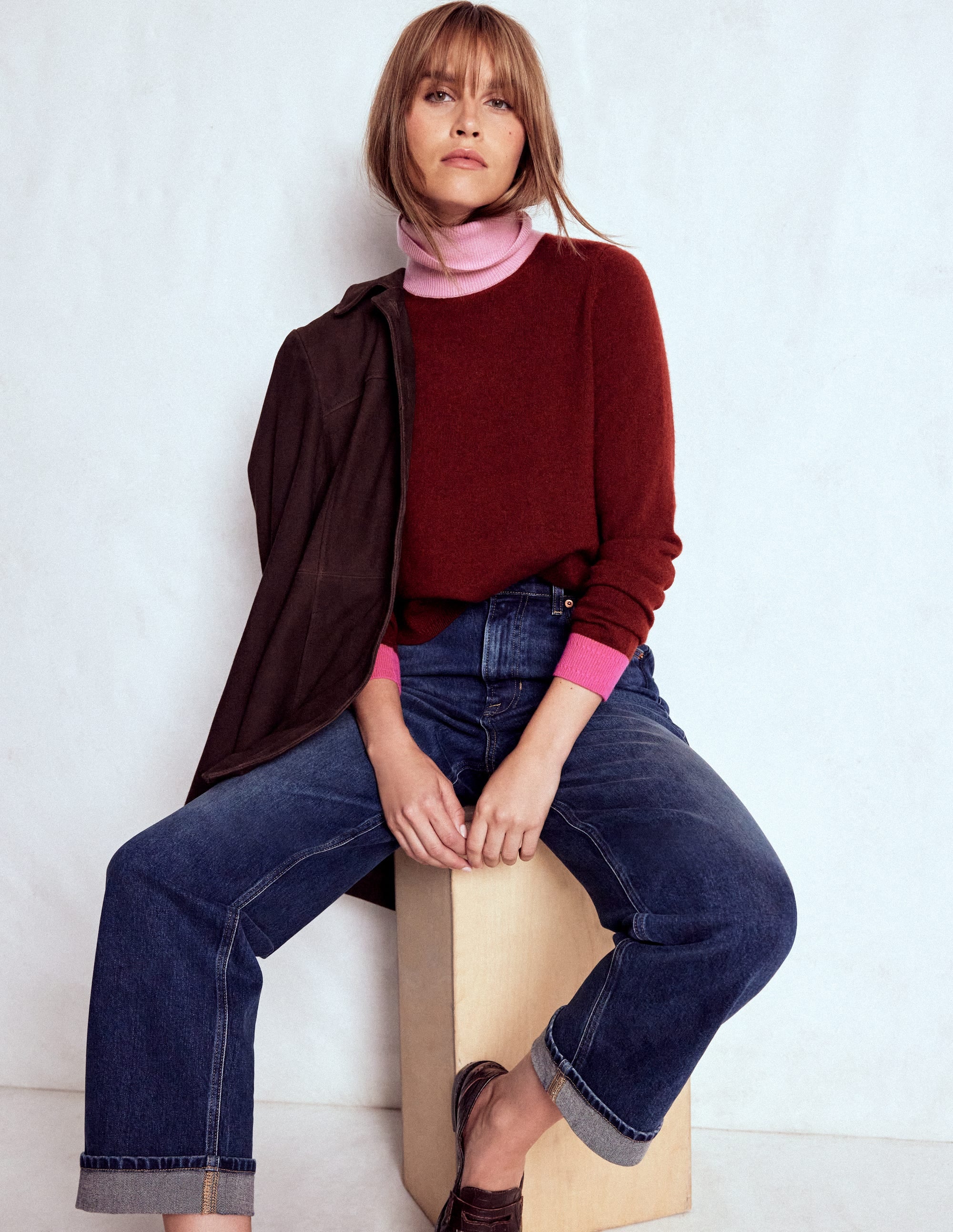 Eva Cashmere Roll Neck Sweater-Chestnut, Colour Block - Image 1