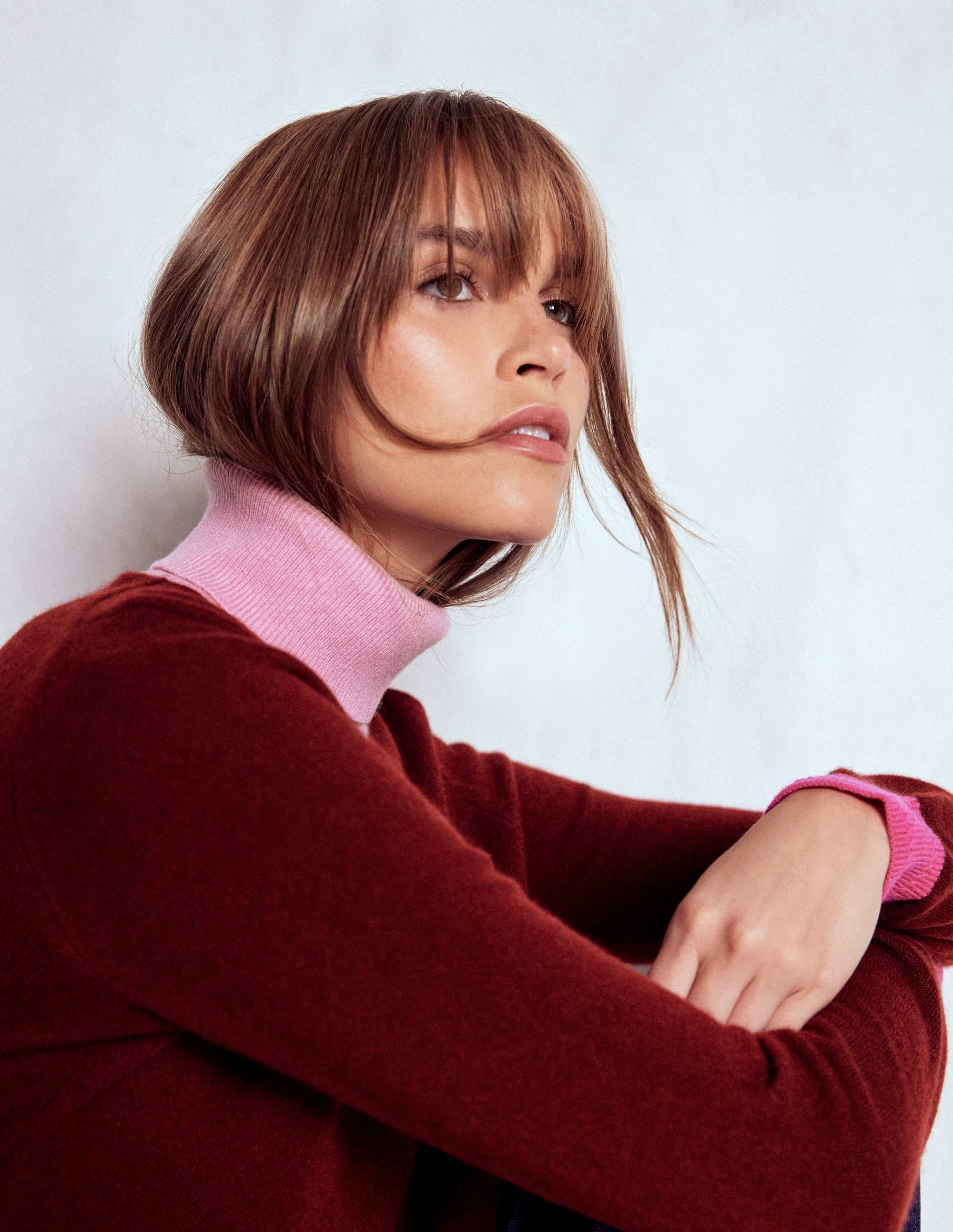 Eva Cashmere Roll Neck Sweater-Chestnut, Colour Block - Image 2