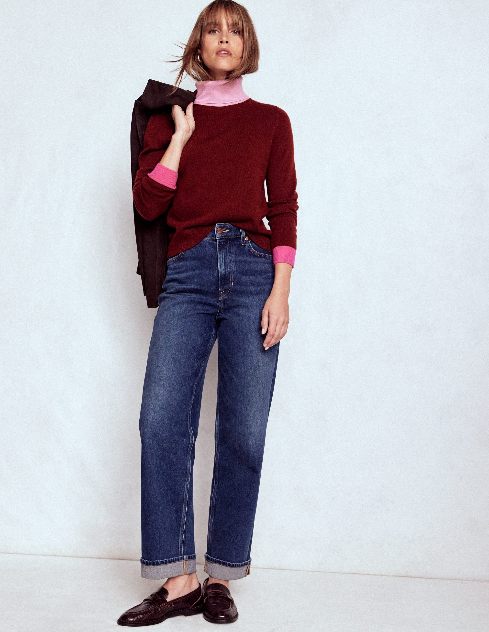 Eva Cashmere Roll Neck Sweater-Chestnut, Colour Block - Image 5