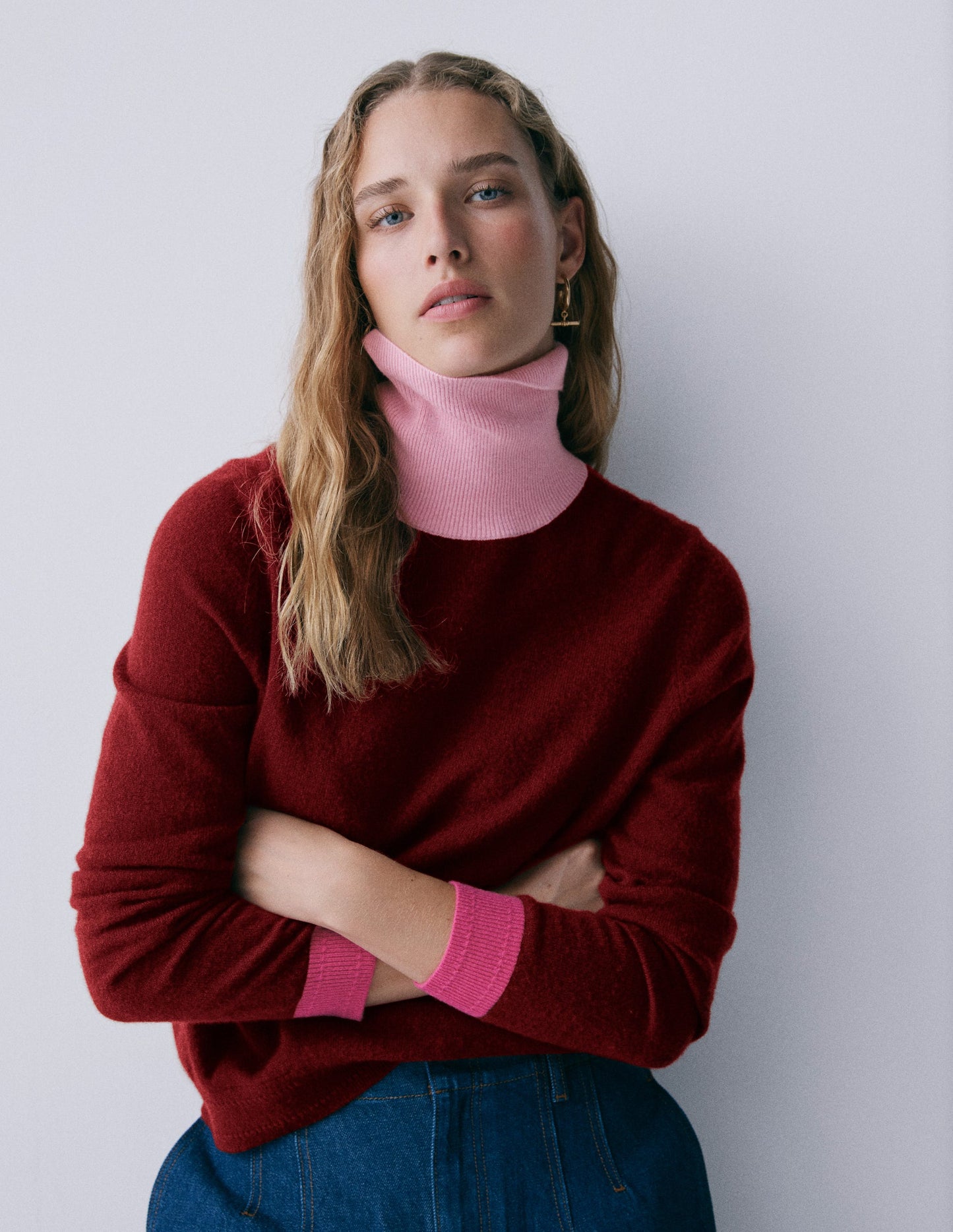 Eva Cashmere Roll Neck Sweater-Chestnut, Colour Block