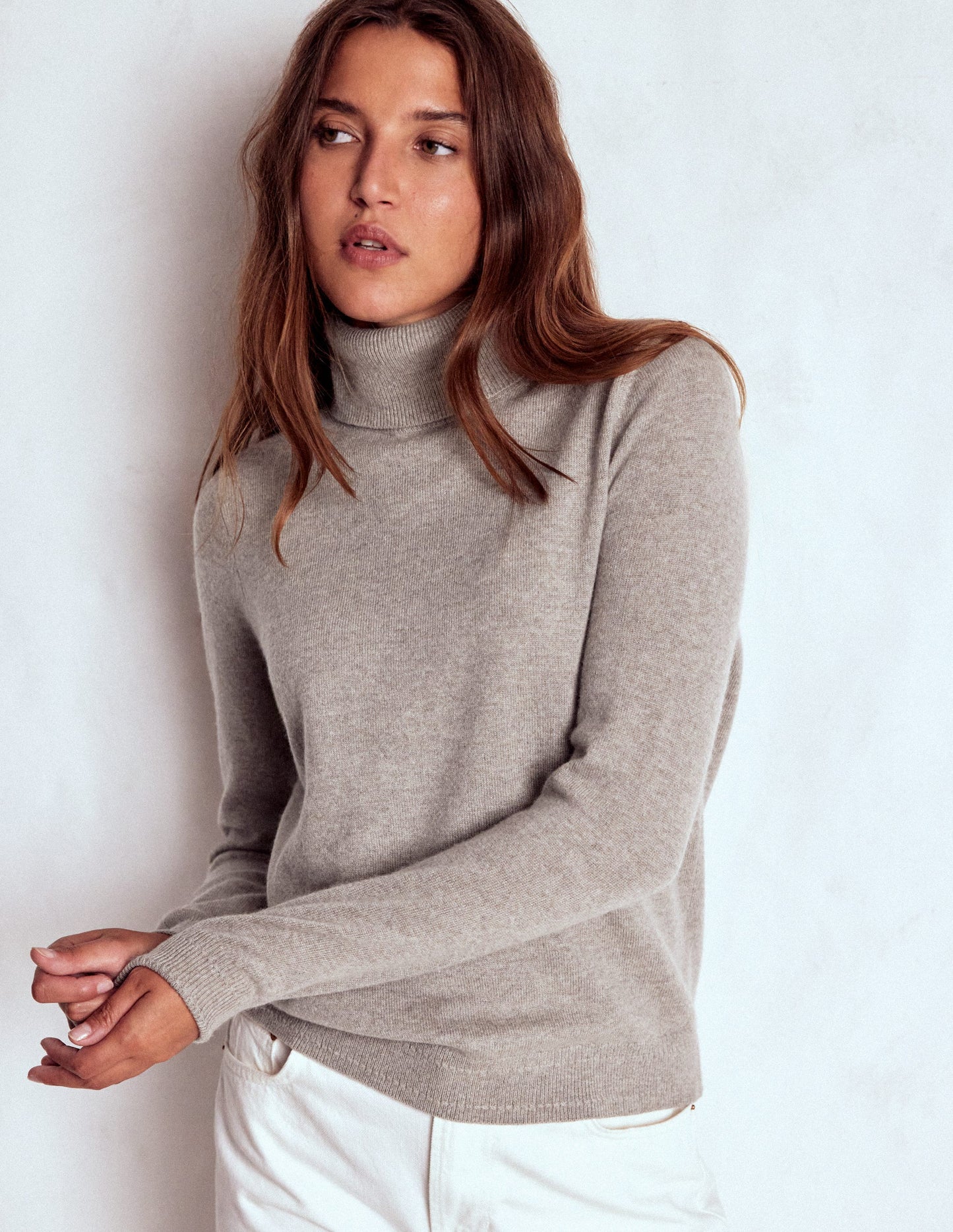 Eva Cashmere Roll Neck Sweater-Mink Melange