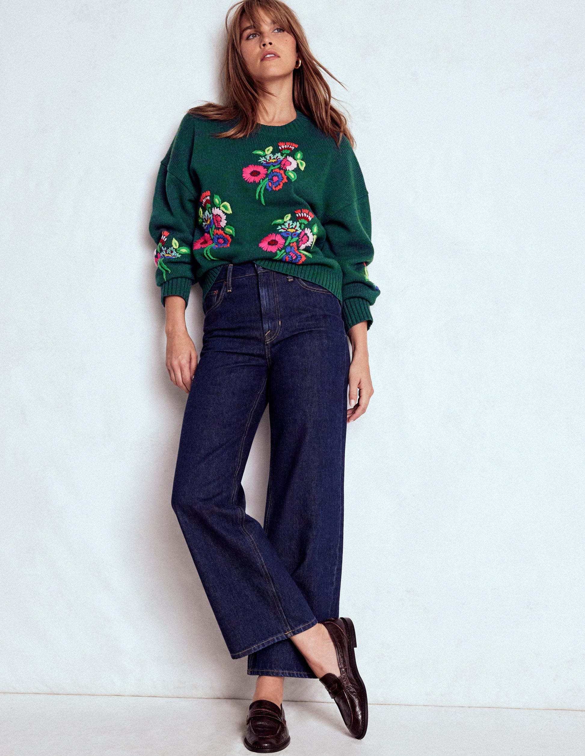 Natalie Embroidered Sweater-Emerald Night Bouquet | Boden USA Natalie Embroidered Sweater-Emerald Night Bouquet | Boden USA