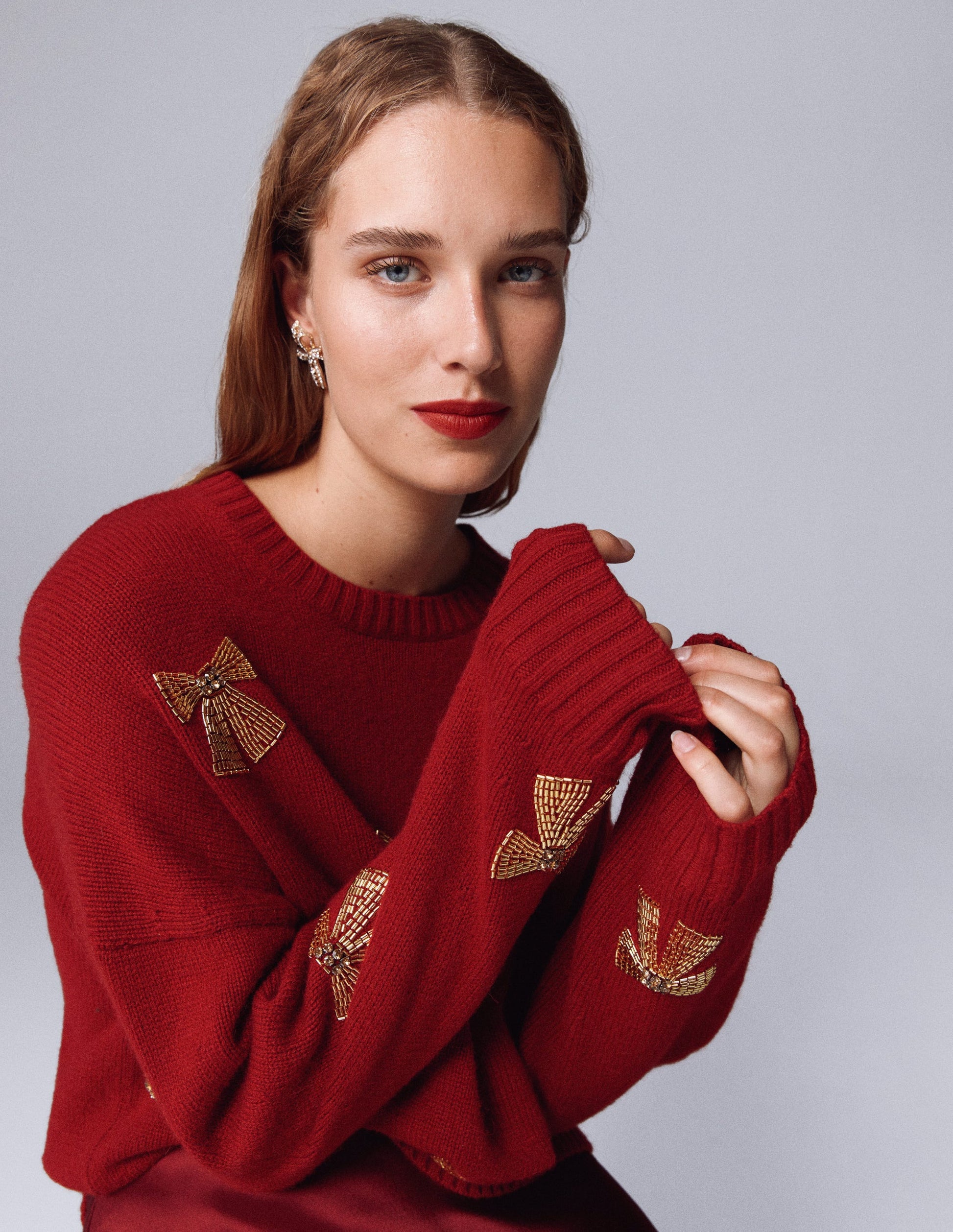 Natalie Embroidered Sweater-Red, Embellished Bows-1