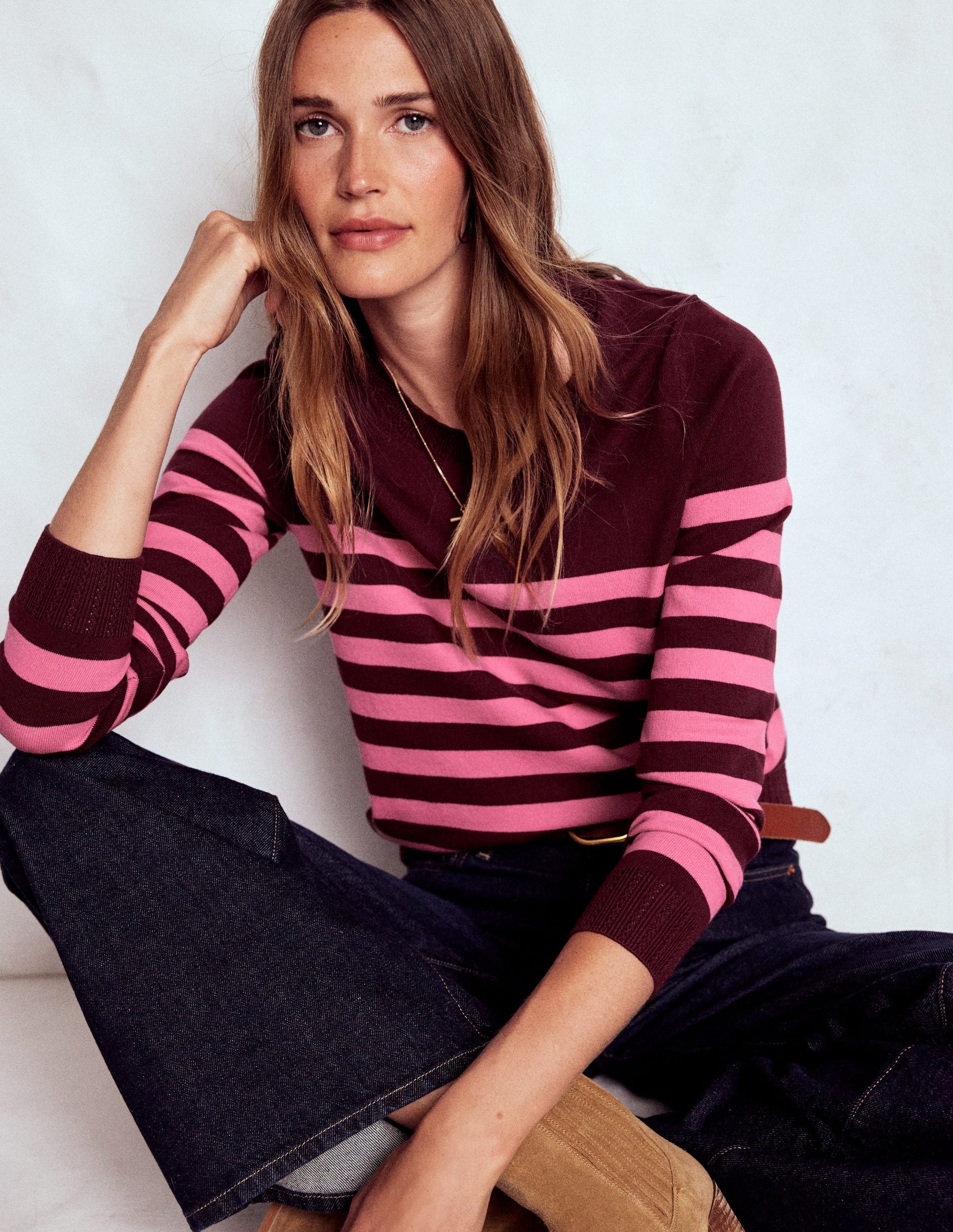 Emilia Cotton Crew Sweater-Chestnut/Pink Stripe-1