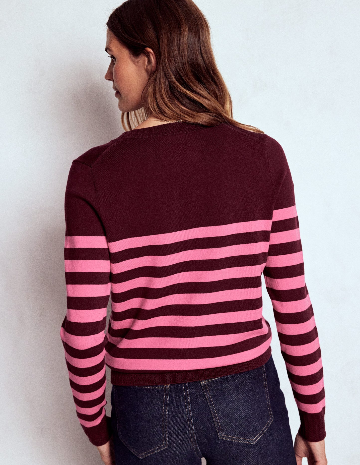 Emilia Cotton Crew Sweater-Chestnut/Pink Stripe