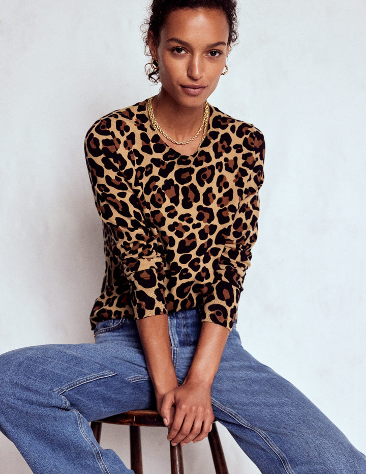 Emilia Cotton Crew Sweater-Cheetah Pop
