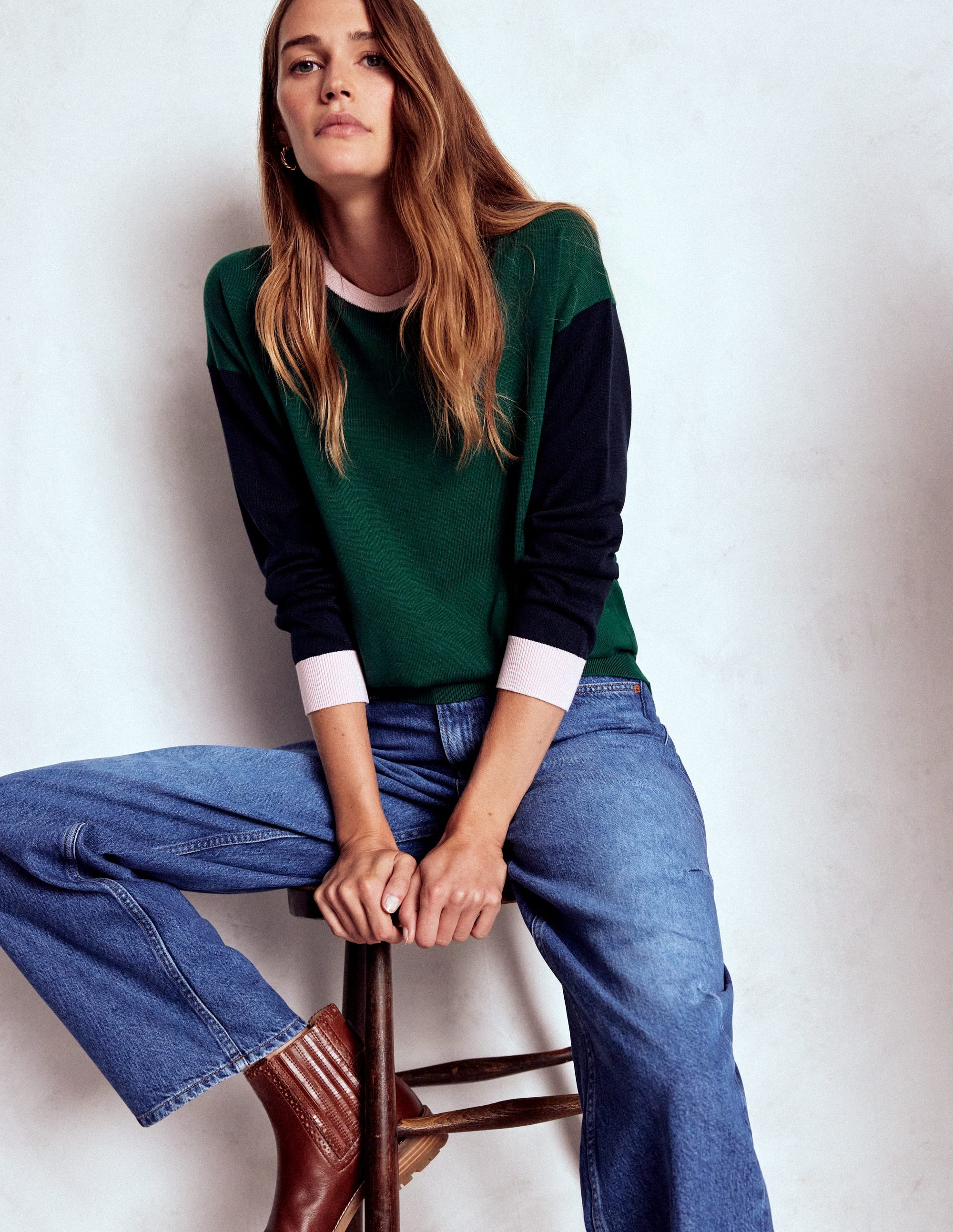 Lara Relaxed Cotton Jumper-Emerald Night, Navy - Image 1