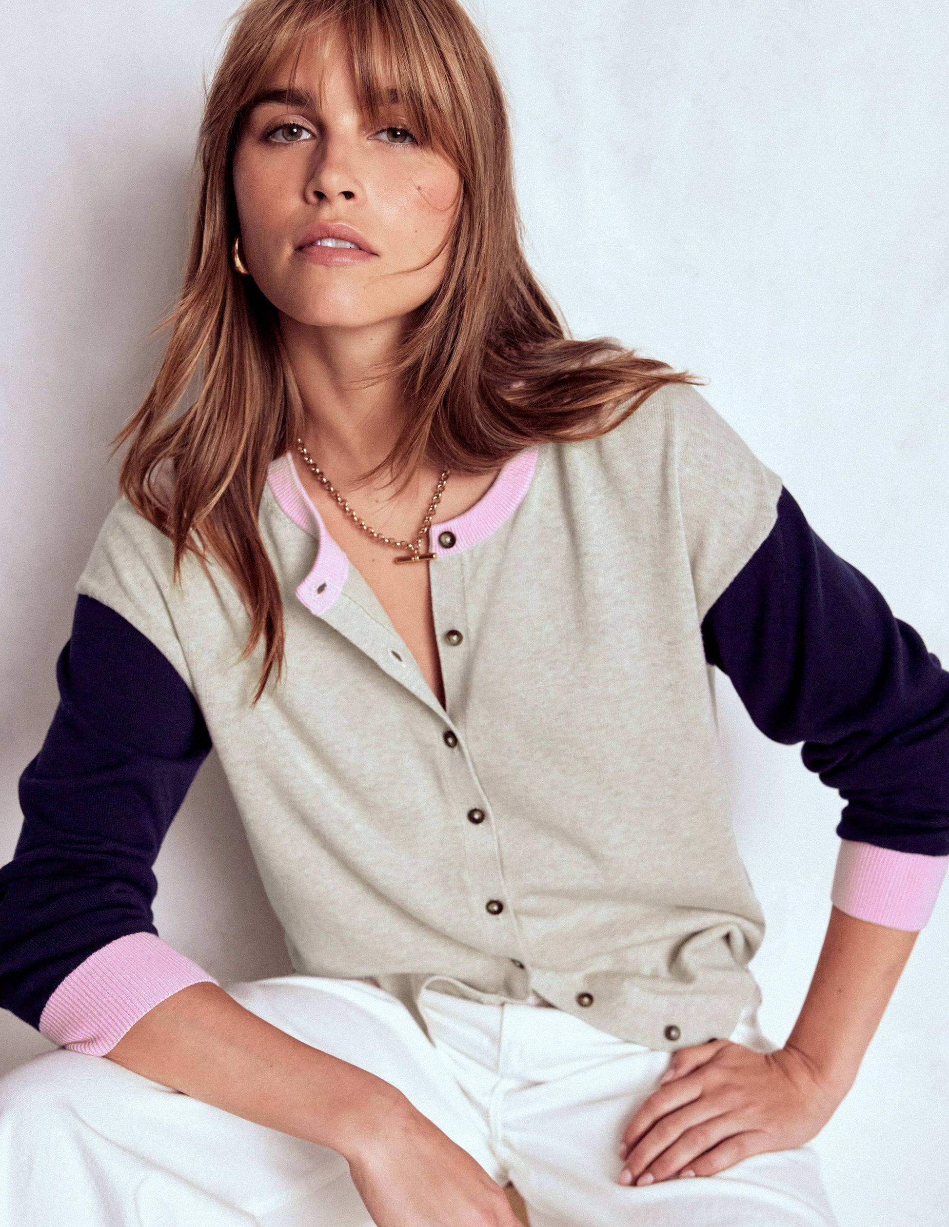 Lara Relaxed Cotton Cardigan-Oatmeal Melange, Navy-1