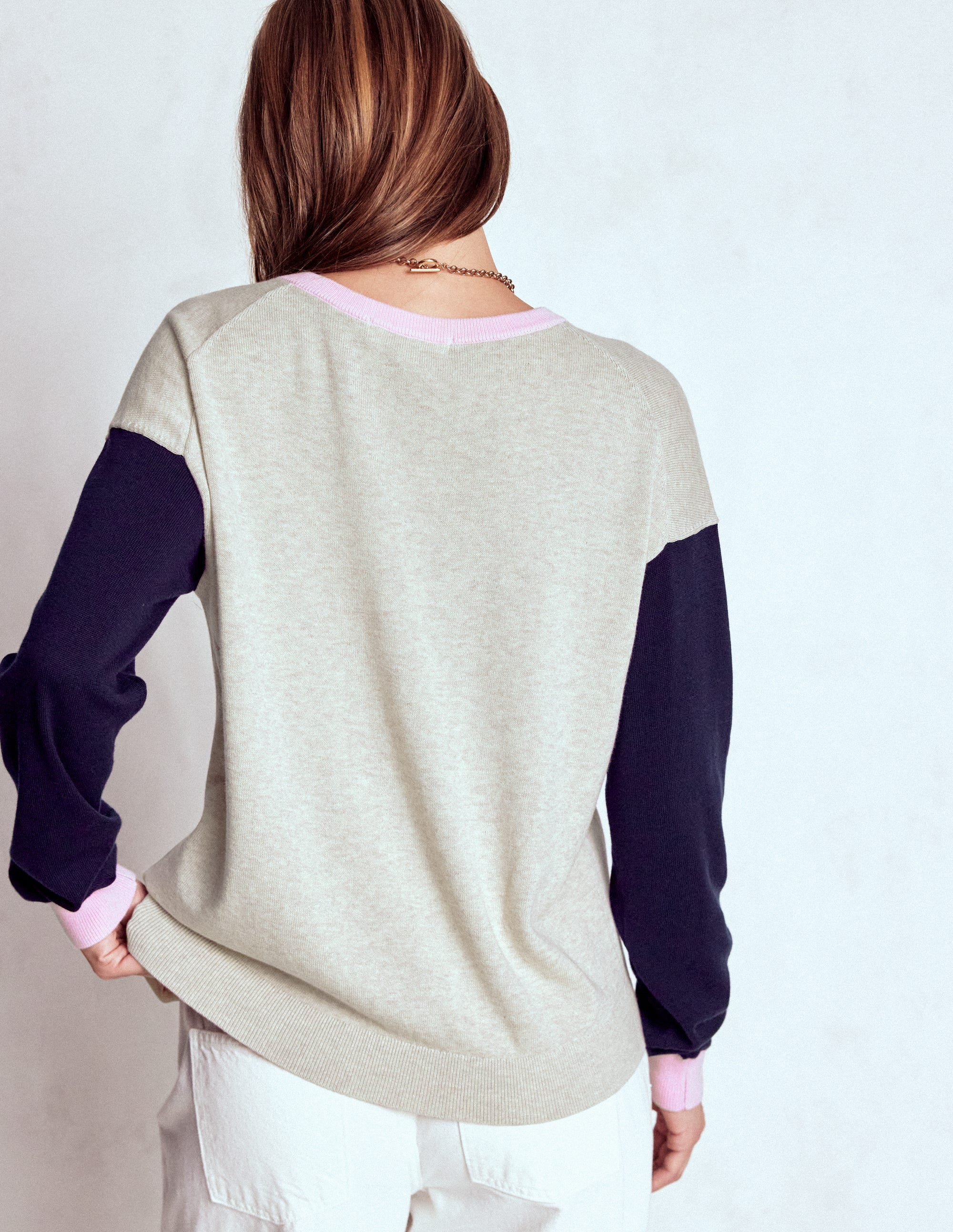 Lara Relaxed Cotton Cardigan-Oatmeal Melange, Navy - Image 3