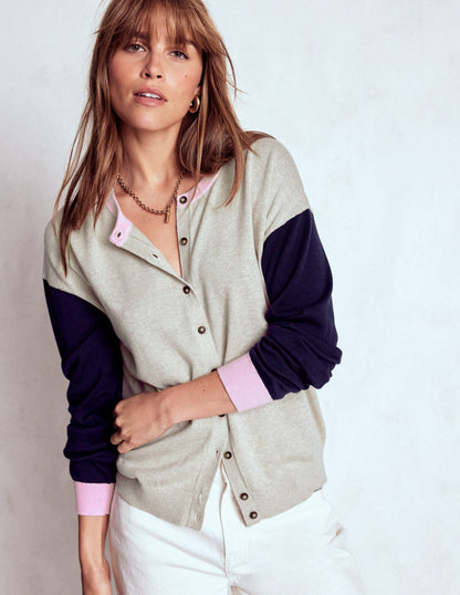 Lara Relaxed Cotton Cardigan-Oatmeal Melange, Navy-4