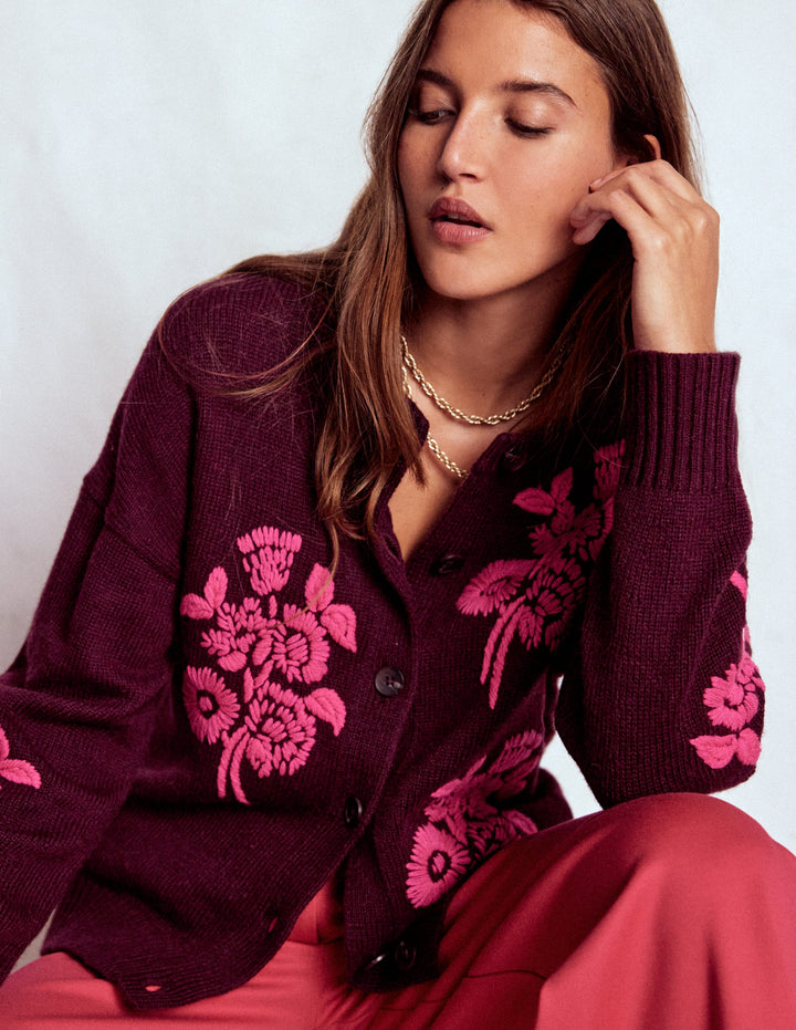 Natalie Embroidered Cardigan-Dark Cherry Bouquet