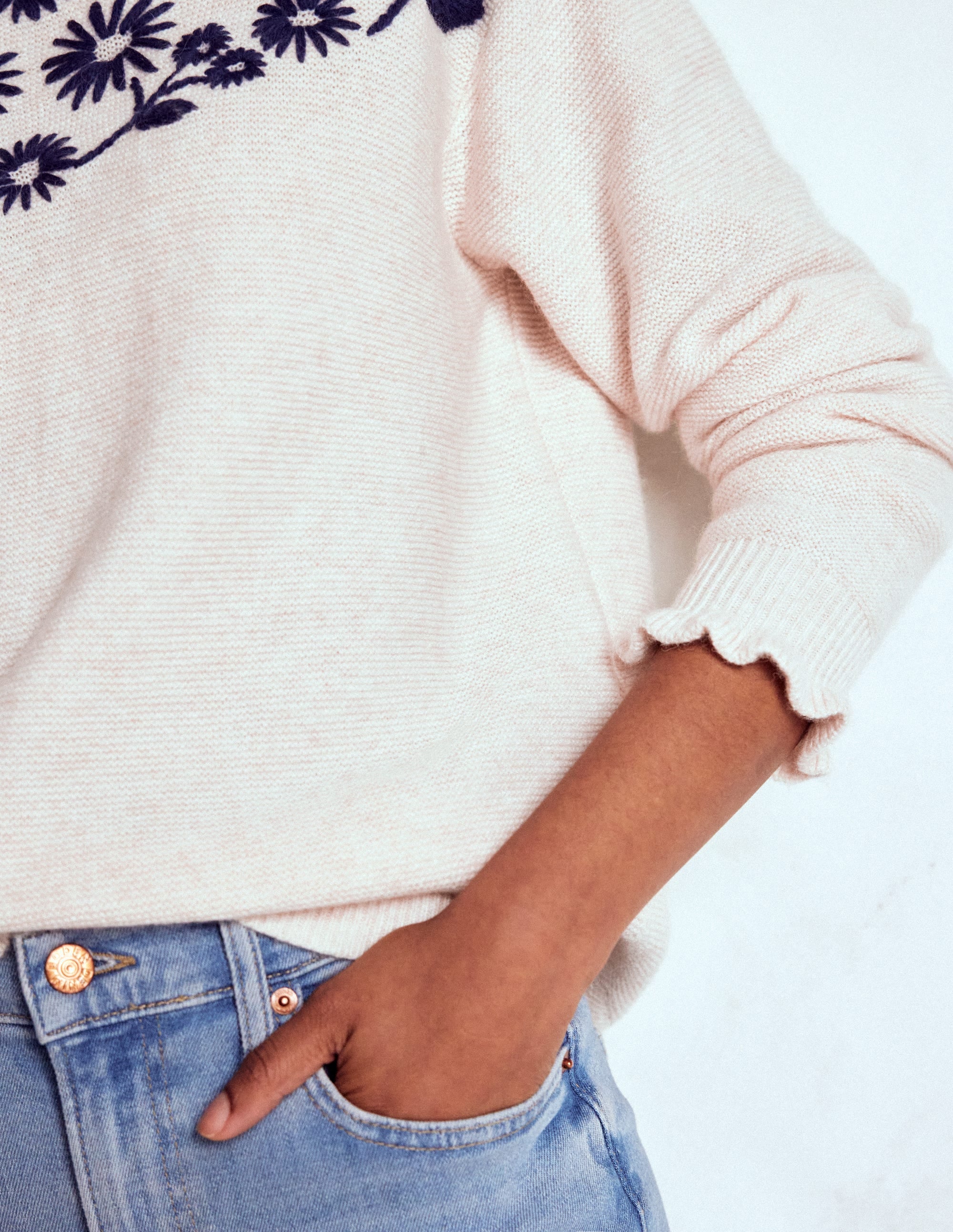 Embroidered Frill Sweater-Warm Ivory - Image 1